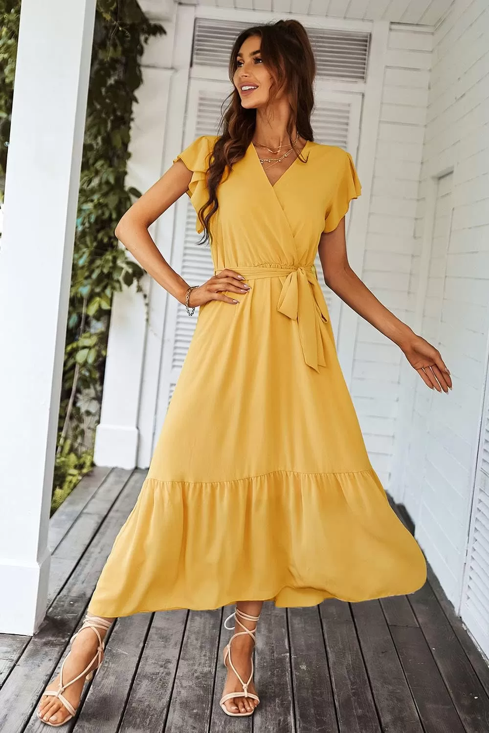 imagePRETTYGARDEN Womens 2024 Floral Boho Dress Wrap V Neck Short Sleeve Belted Ruffle Hem ALine Flowy Maxi DressesSolid Yellow