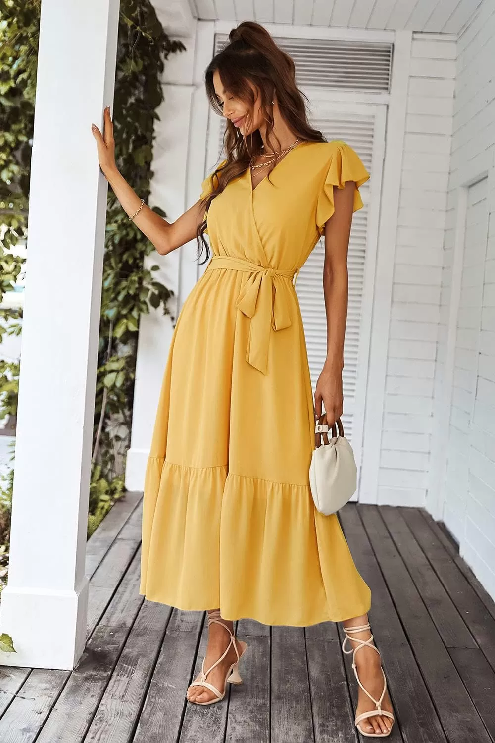 imagePRETTYGARDEN Womens 2024 Floral Boho Dress Wrap V Neck Short Sleeve Belted Ruffle Hem ALine Flowy Maxi DressesSolid Yellow