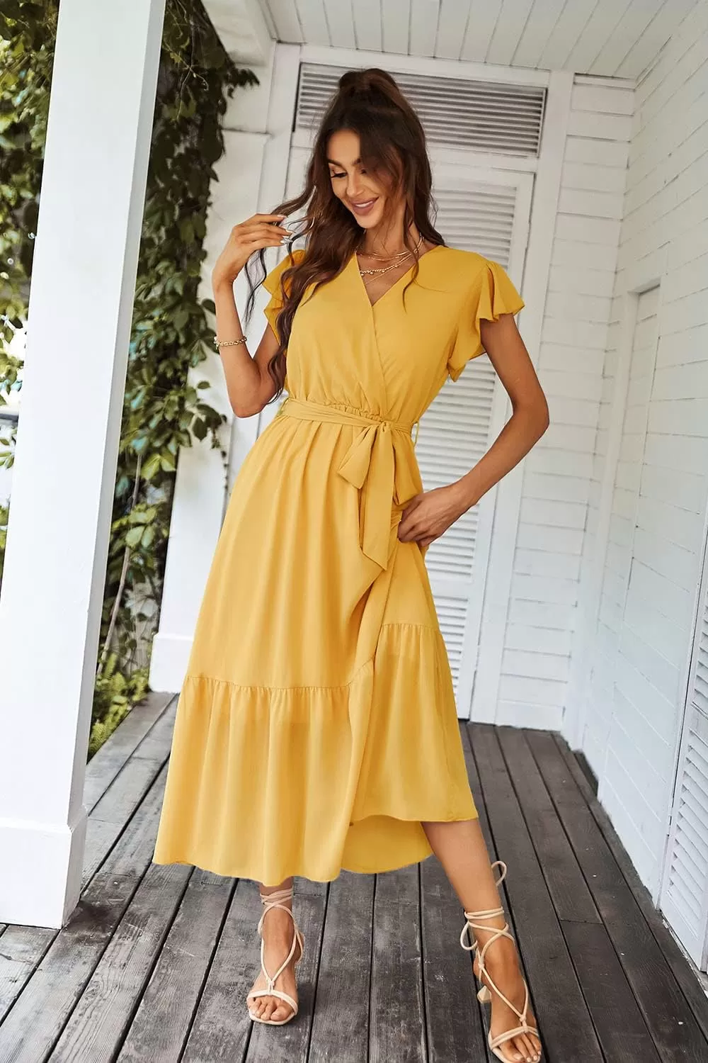 imagePRETTYGARDEN Womens 2024 Floral Boho Dress Wrap V Neck Short Sleeve Belted Ruffle Hem ALine Flowy Maxi DressesSolid Yellow