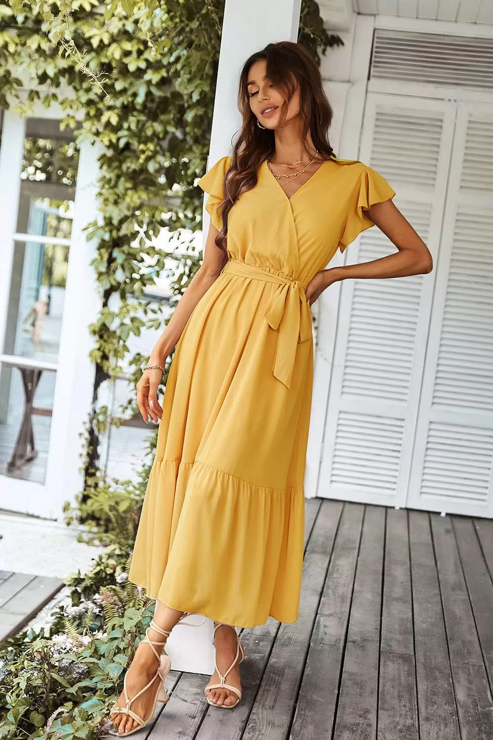 imagePRETTYGARDEN Womens 2024 Floral Boho Dress Wrap V Neck Short Sleeve Belted Ruffle Hem ALine Flowy Maxi DressesSolid Yellow