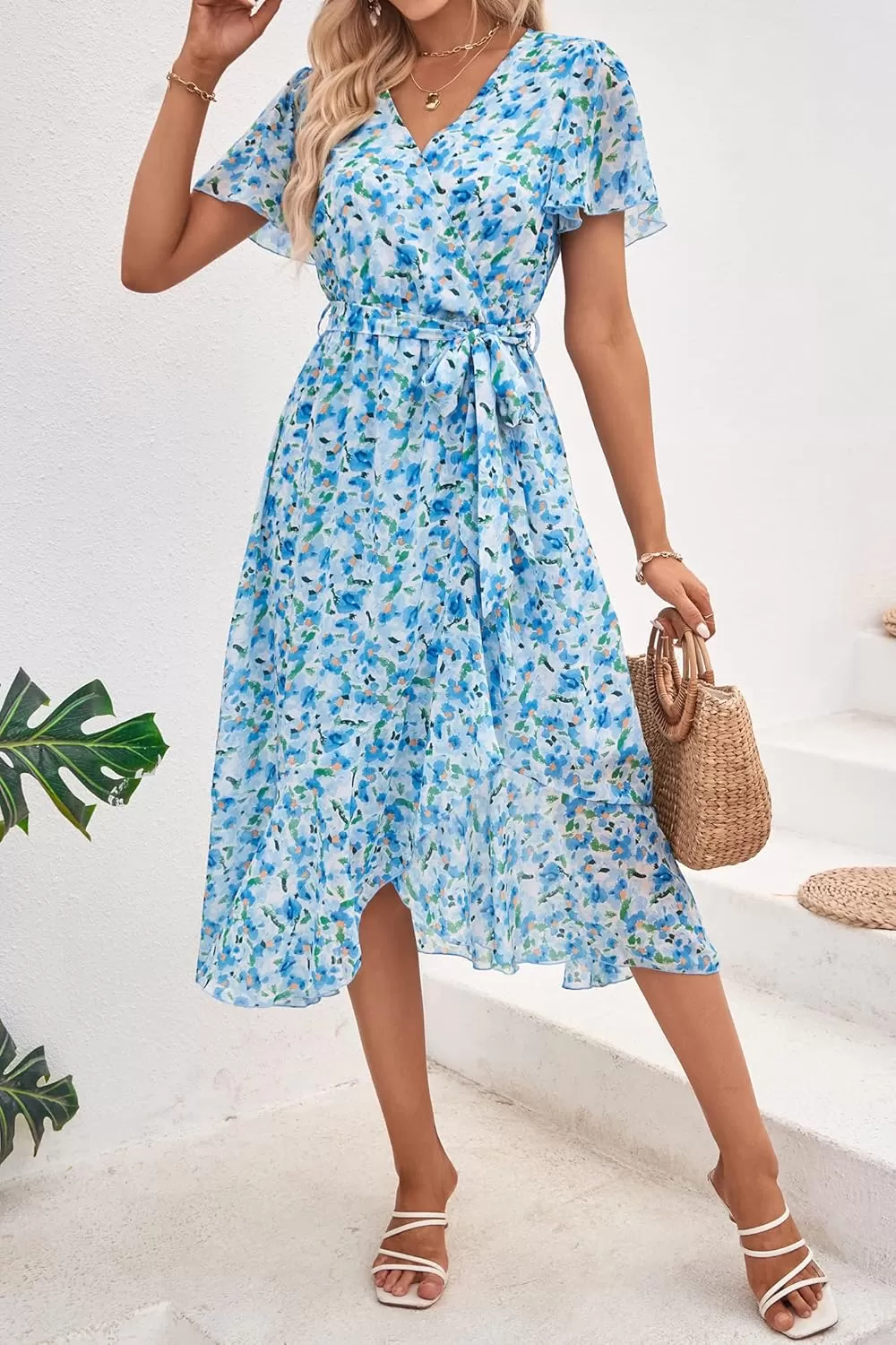 imagePRETTYGARDEN Womens 2024 Floral Boho Dress Wrap V Neck Short Sleeve Belted Ruffle Hem ALine Flowy Maxi DressesWhite Blue Floral
