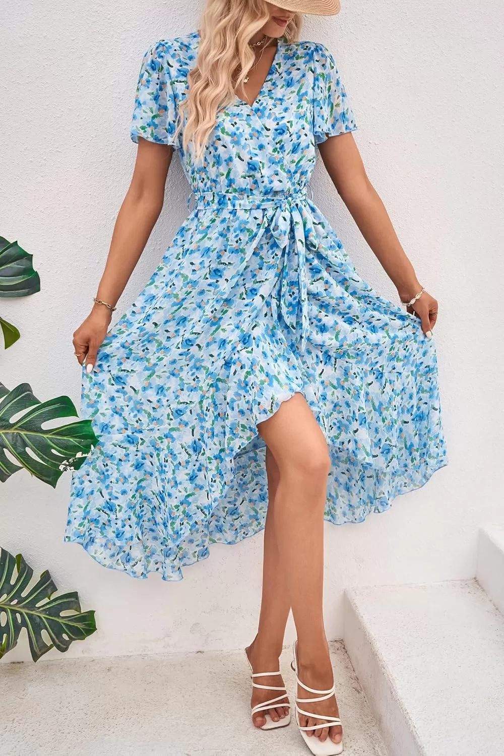 imagePRETTYGARDEN Womens 2024 Floral Boho Dress Wrap V Neck Short Sleeve Belted Ruffle Hem ALine Flowy Maxi DressesWhite Blue Floral
