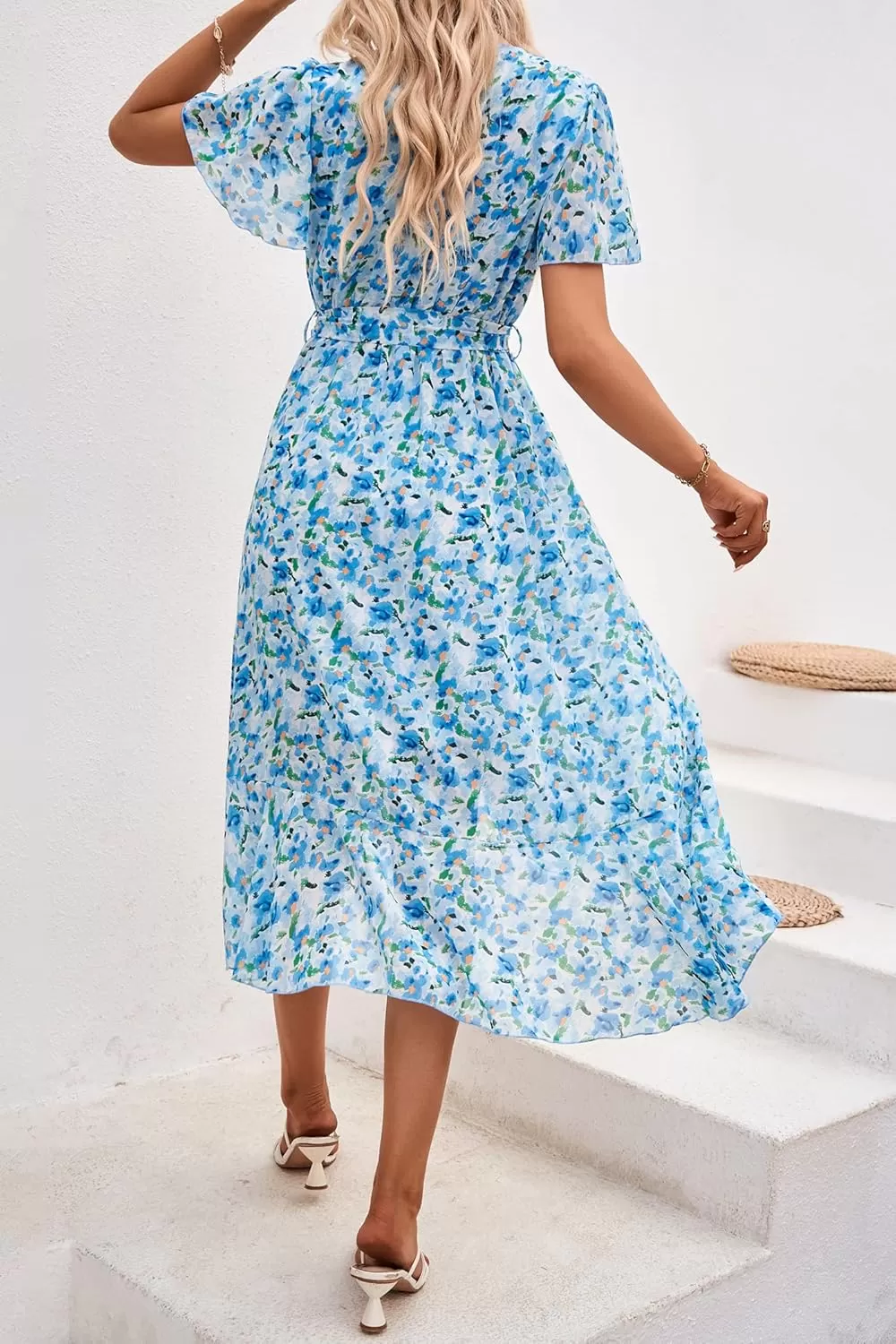 imagePRETTYGARDEN Womens 2024 Floral Boho Dress Wrap V Neck Short Sleeve Belted Ruffle Hem ALine Flowy Maxi DressesWhite Blue Floral