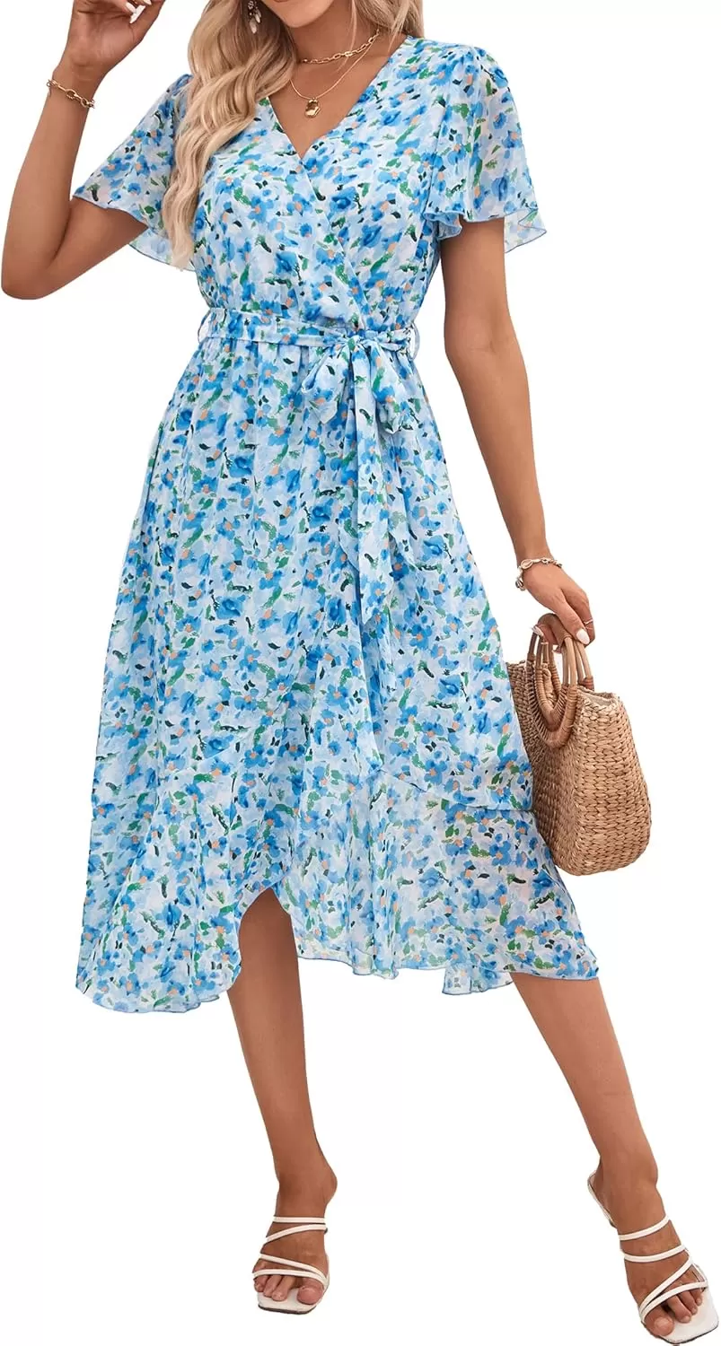 imagePRETTYGARDEN Womens 2024 Floral Boho Dress Wrap V Neck Short Sleeve Belted Ruffle Hem ALine Flowy Maxi DressesWhite Blue Floral