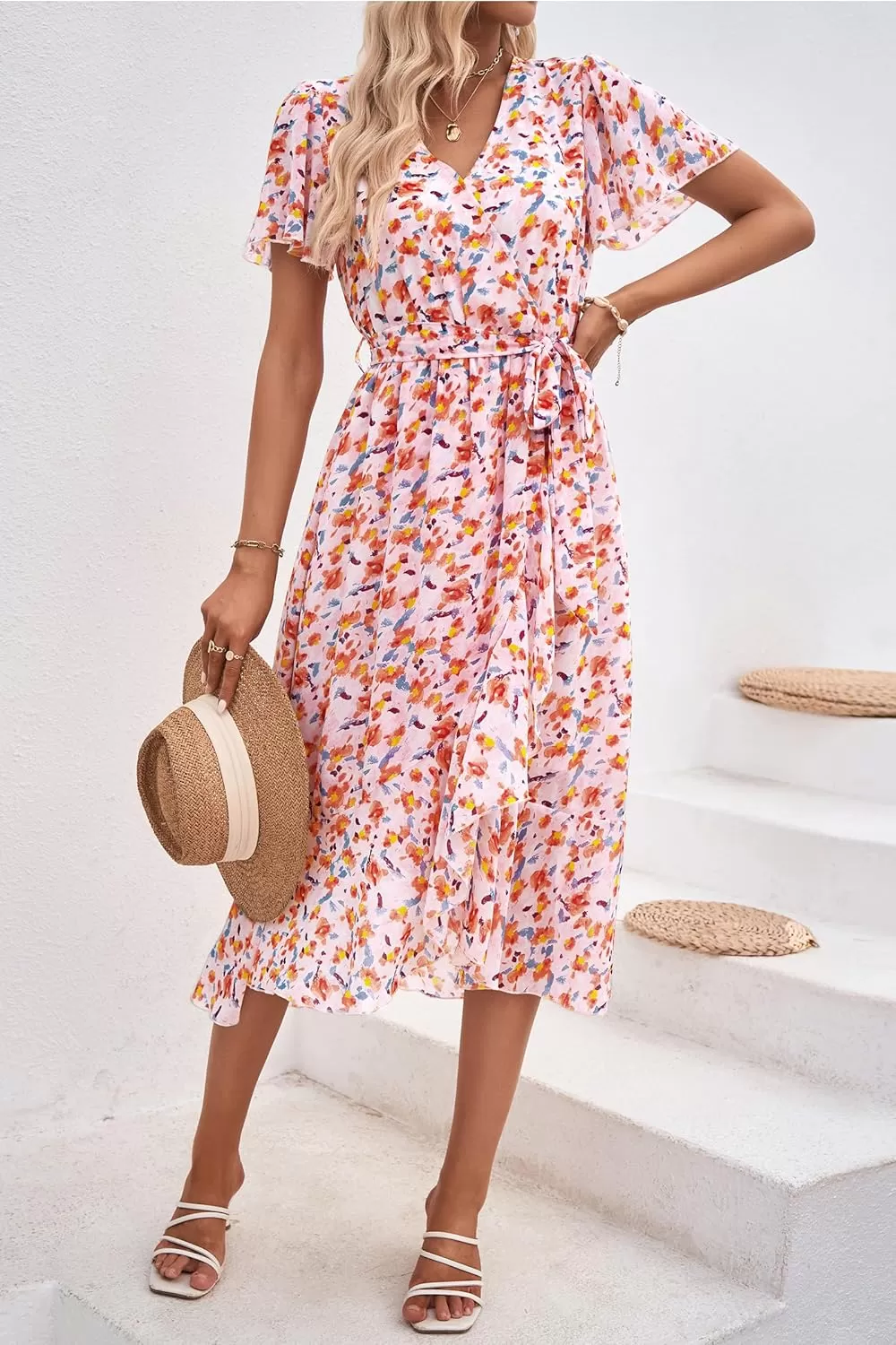 imagePRETTYGARDEN Womens 2024 Floral Boho Dress Wrap V Neck Short Sleeve Belted Ruffle Hem ALine Flowy Maxi DressesWhite Orange Floral