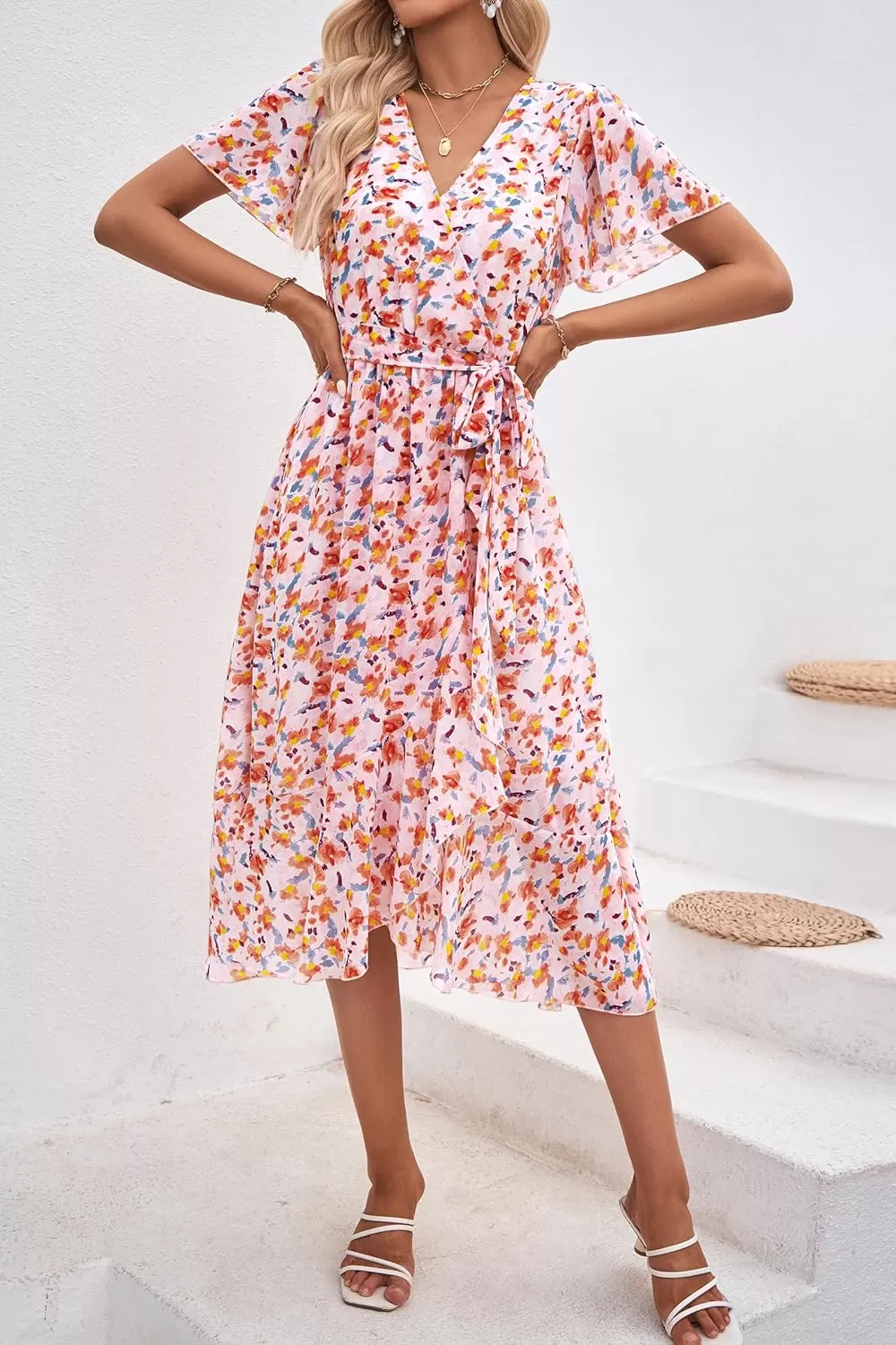 imagePRETTYGARDEN Womens 2024 Floral Boho Dress Wrap V Neck Short Sleeve Belted Ruffle Hem ALine Flowy Maxi DressesWhite Orange Floral
