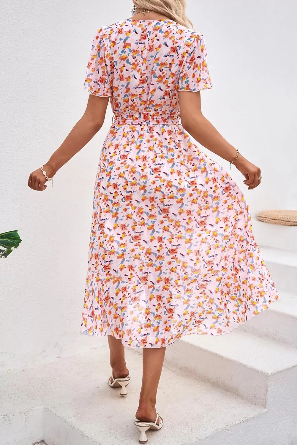 imagePRETTYGARDEN Womens 2024 Floral Boho Dress Wrap V Neck Short Sleeve Belted Ruffle Hem ALine Flowy Maxi DressesWhite Orange Floral