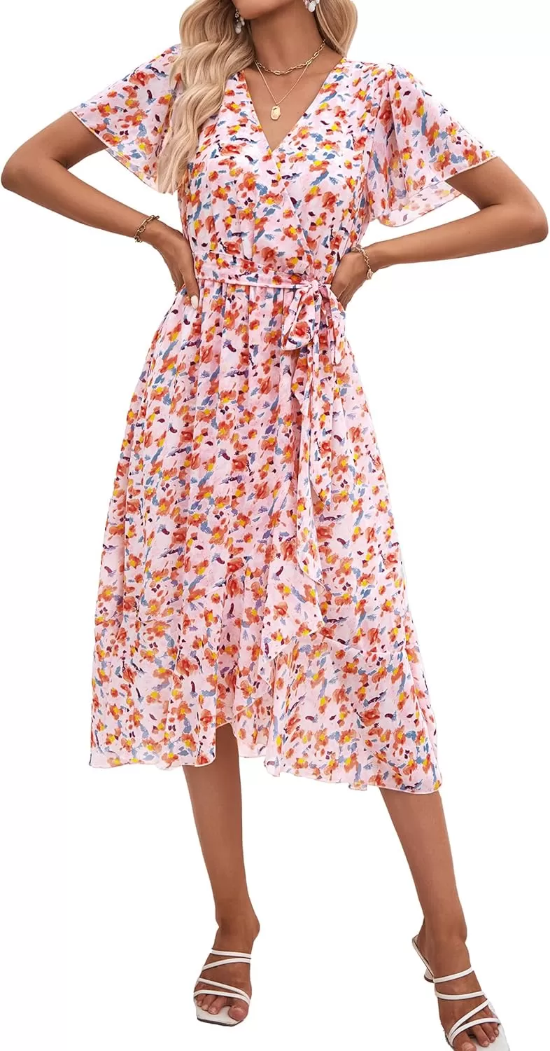 imagePRETTYGARDEN Womens 2024 Floral Boho Dress Wrap V Neck Short Sleeve Belted Ruffle Hem ALine Flowy Maxi DressesWhite Orange Floral