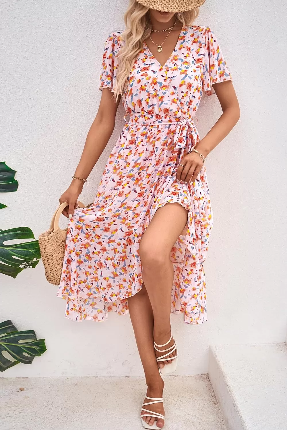 imagePRETTYGARDEN Womens 2024 Floral Boho Dress Wrap V Neck Short Sleeve Belted Ruffle Hem ALine Flowy Maxi DressesWhite Orange Floral
