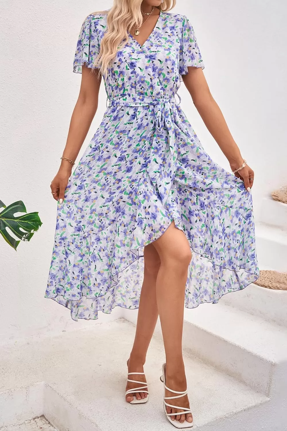 imagePRETTYGARDEN Womens 2024 Floral Boho Dress Wrap V Neck Short Sleeve Belted Ruffle Hem ALine Flowy Maxi DressesWhite Purple Floral