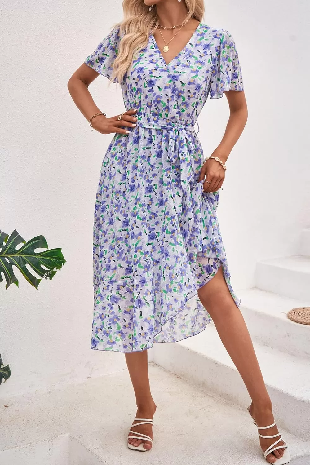 imagePRETTYGARDEN Womens 2024 Floral Boho Dress Wrap V Neck Short Sleeve Belted Ruffle Hem ALine Flowy Maxi DressesWhite Purple Floral