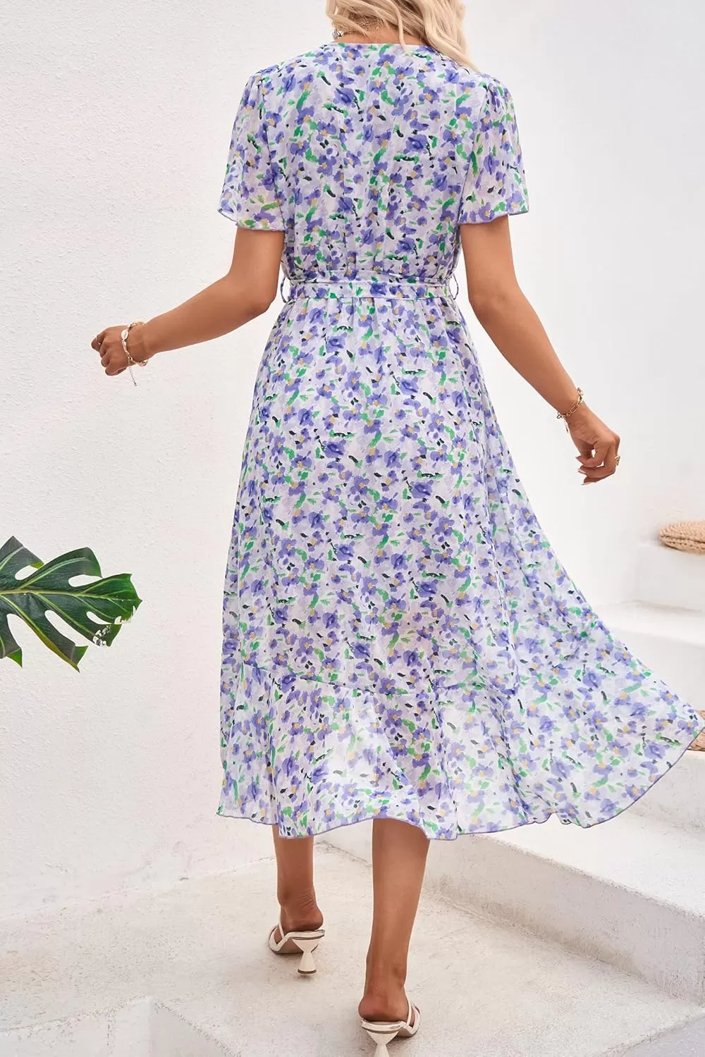 imagePRETTYGARDEN Womens 2024 Floral Boho Dress Wrap V Neck Short Sleeve Belted Ruffle Hem ALine Flowy Maxi DressesWhite Purple Floral