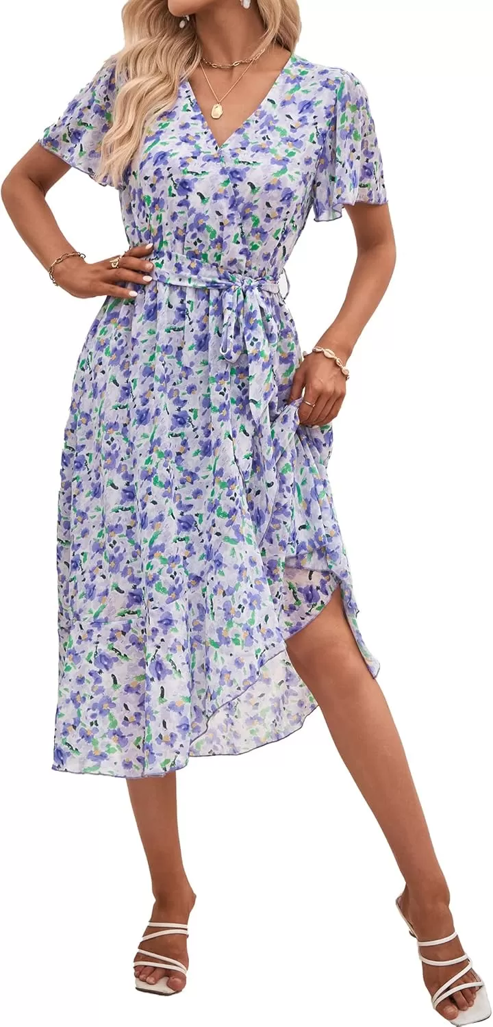 imagePRETTYGARDEN Womens 2024 Floral Boho Dress Wrap V Neck Short Sleeve Belted Ruffle Hem ALine Flowy Maxi DressesWhite Purple Floral