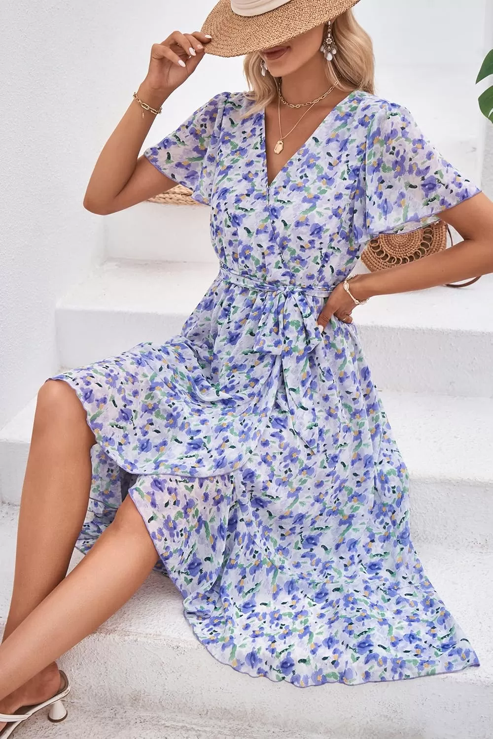 imagePRETTYGARDEN Womens 2024 Floral Boho Dress Wrap V Neck Short Sleeve Belted Ruffle Hem ALine Flowy Maxi DressesWhite Purple Floral