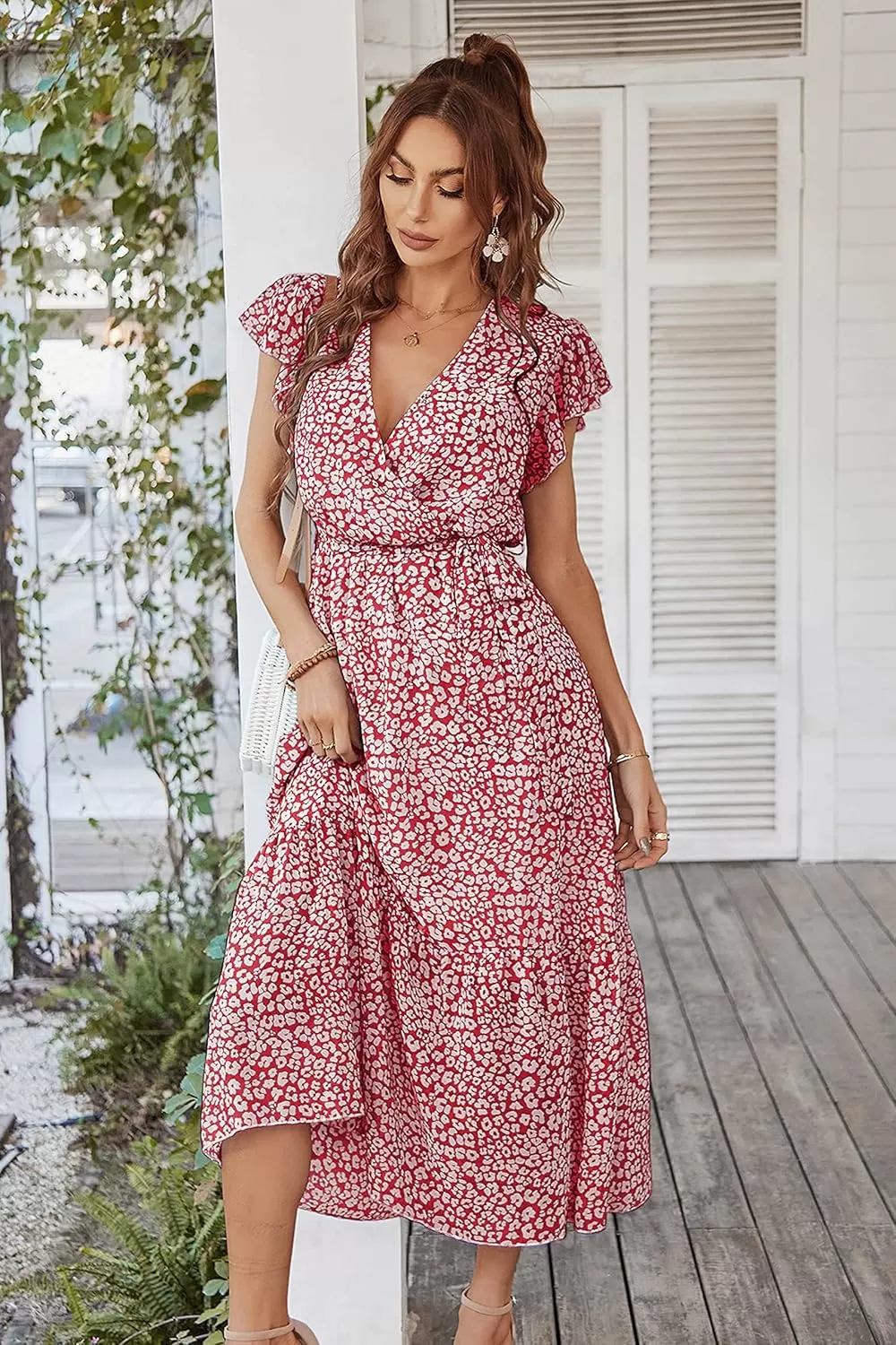 imagePRETTYGARDEN Womens 2024 Floral Boho Dress Wrap V Neck Short Sleeve Belted Ruffle Hem ALine Flowy Maxi DressesWine Red