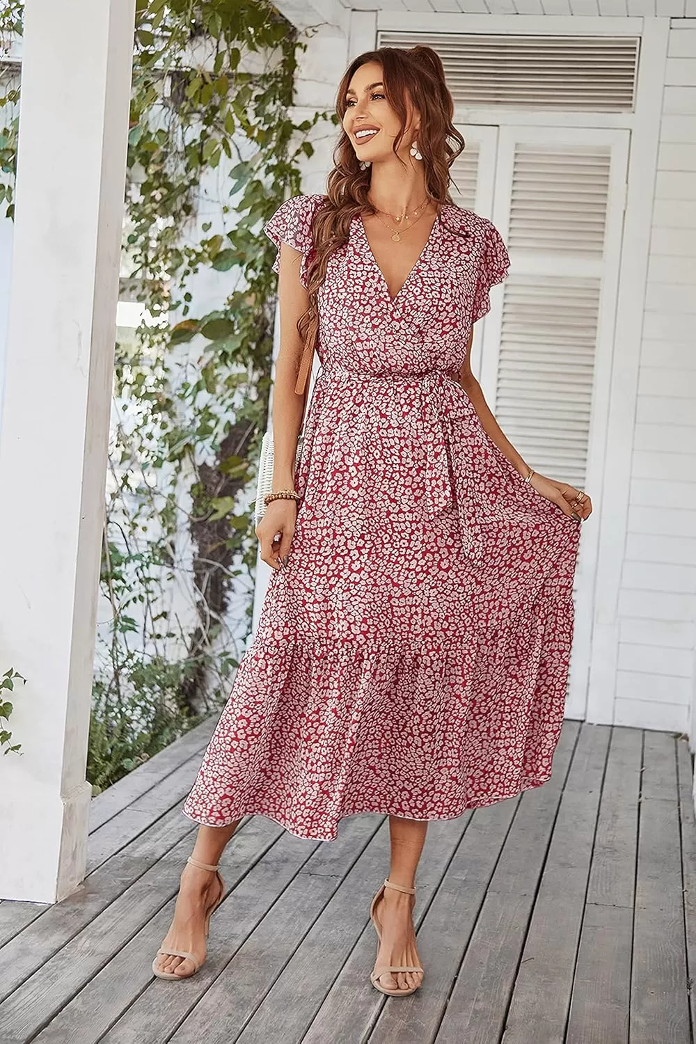 imagePRETTYGARDEN Womens 2024 Floral Boho Dress Wrap V Neck Short Sleeve Belted Ruffle Hem ALine Flowy Maxi DressesWine Red