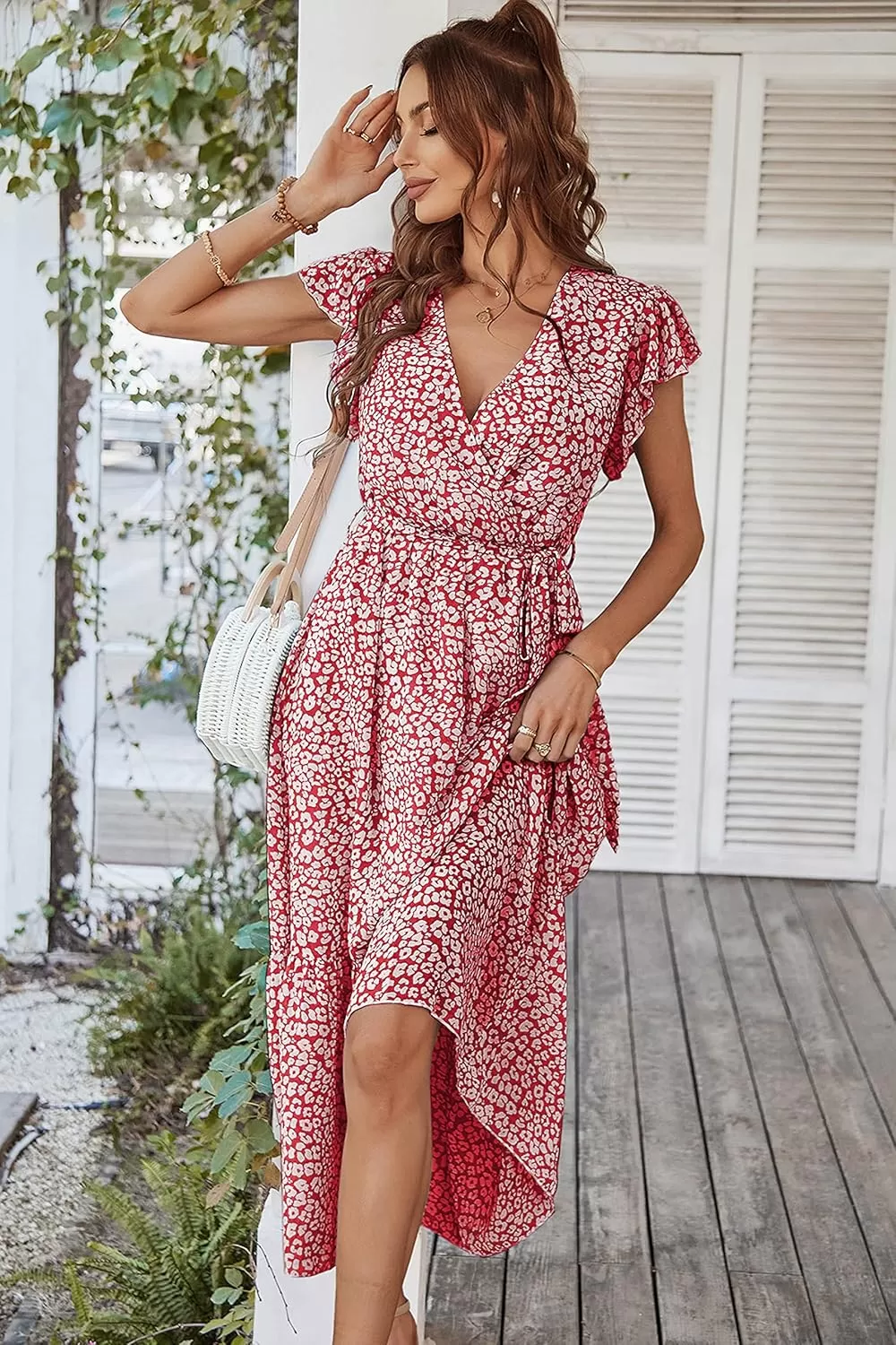 imagePRETTYGARDEN Womens 2024 Floral Boho Dress Wrap V Neck Short Sleeve Belted Ruffle Hem ALine Flowy Maxi DressesWine Red