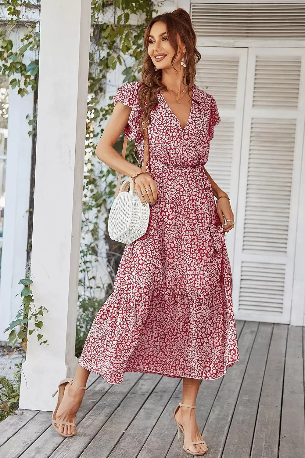 imagePRETTYGARDEN Womens 2024 Floral Boho Dress Wrap V Neck Short Sleeve Belted Ruffle Hem ALine Flowy Maxi DressesWine Red
