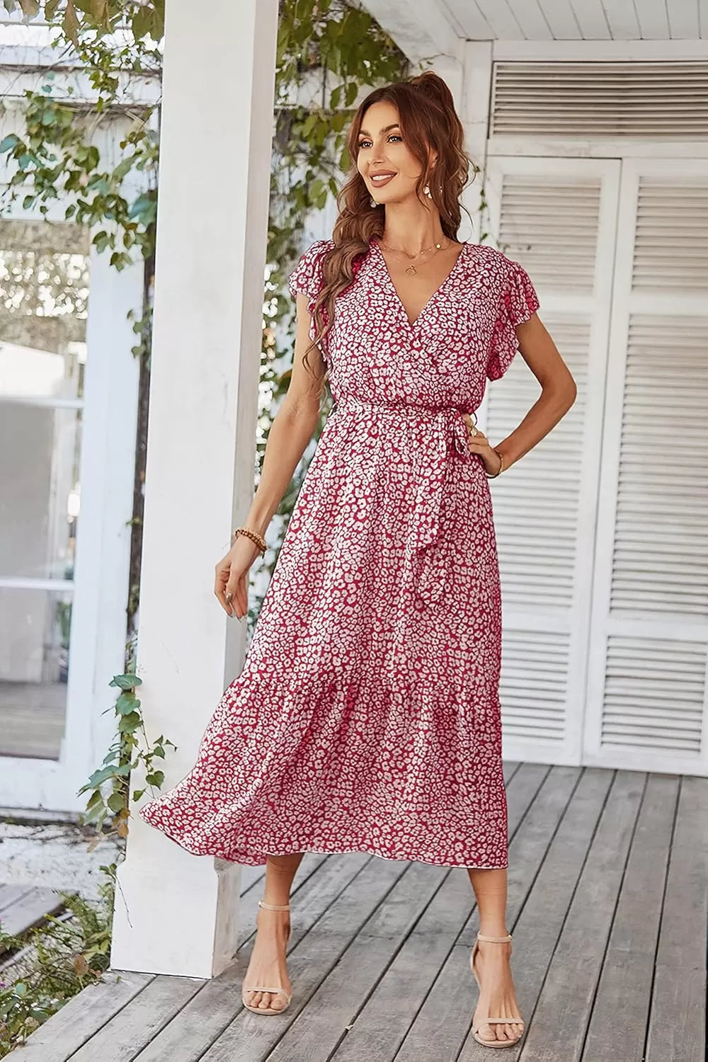 imagePRETTYGARDEN Womens 2024 Floral Boho Dress Wrap V Neck Short Sleeve Belted Ruffle Hem ALine Flowy Maxi DressesWine Red
