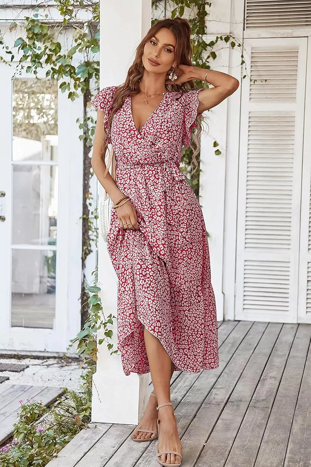 imagePRETTYGARDEN Womens 2024 Floral Boho Dress Wrap V Neck Short Sleeve Belted Ruffle Hem ALine Flowy Maxi DressesWine Red