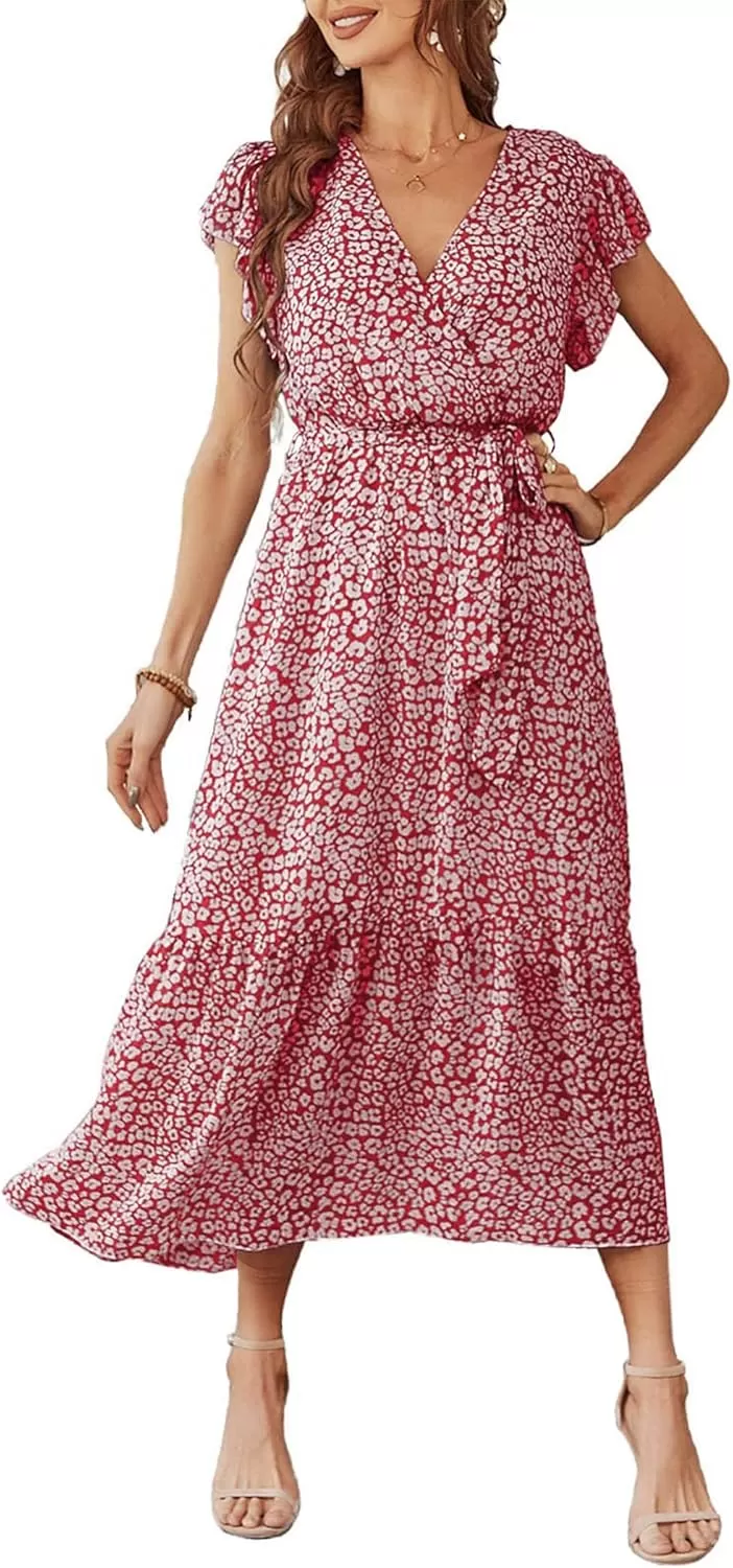 imagePRETTYGARDEN Womens 2024 Floral Boho Dress Wrap V Neck Short Sleeve Belted Ruffle Hem ALine Flowy Maxi DressesWine Red
