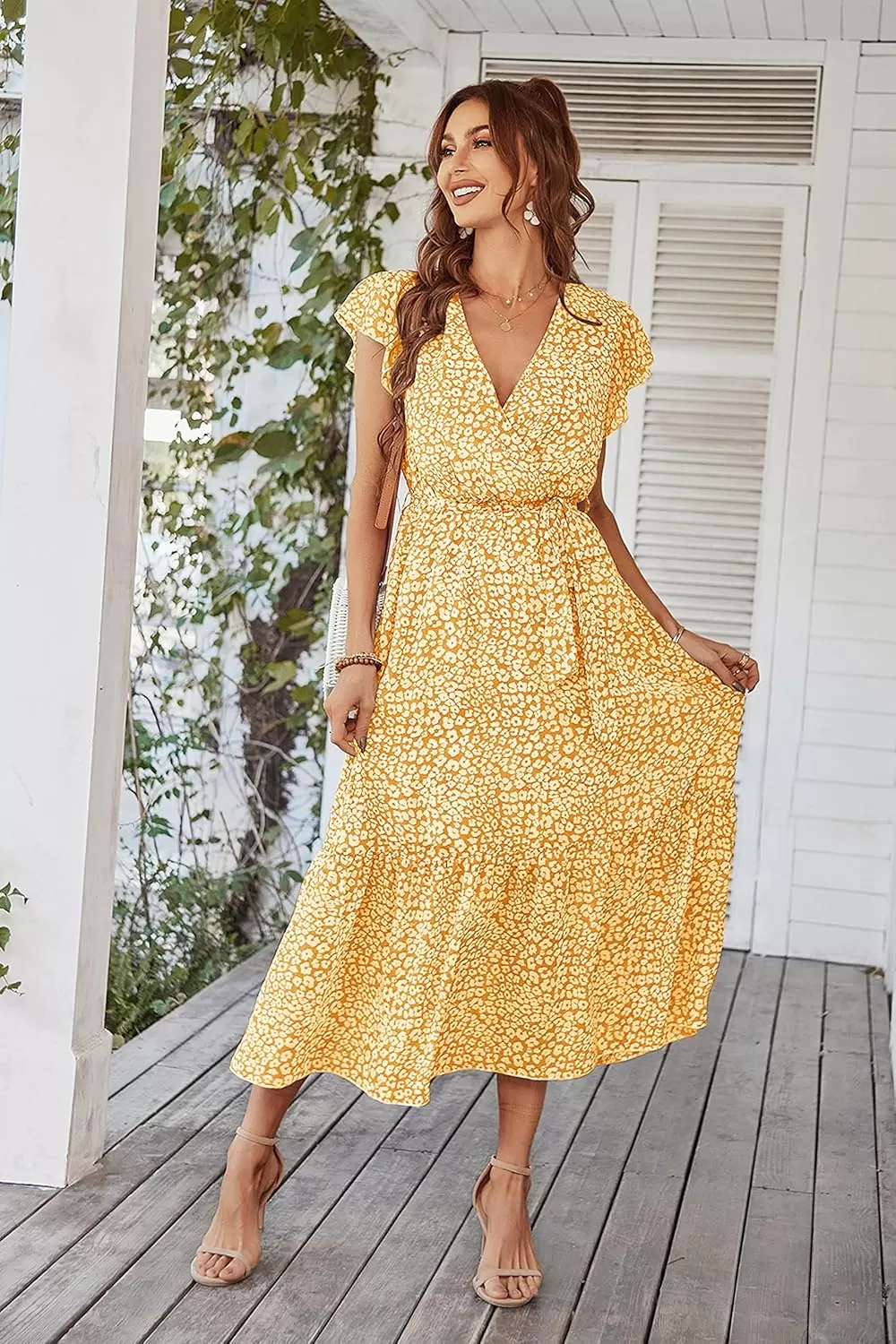 imagePRETTYGARDEN Womens 2024 Floral Boho Dress Wrap V Neck Short Sleeve Belted Ruffle Hem ALine Flowy Maxi DressesYellow