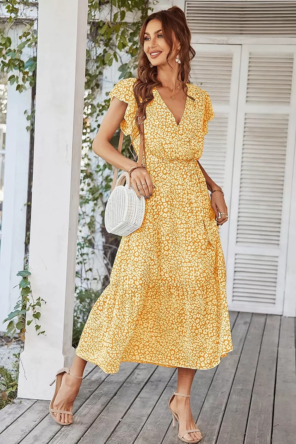 imagePRETTYGARDEN Womens 2024 Floral Boho Dress Wrap V Neck Short Sleeve Belted Ruffle Hem ALine Flowy Maxi DressesYellow