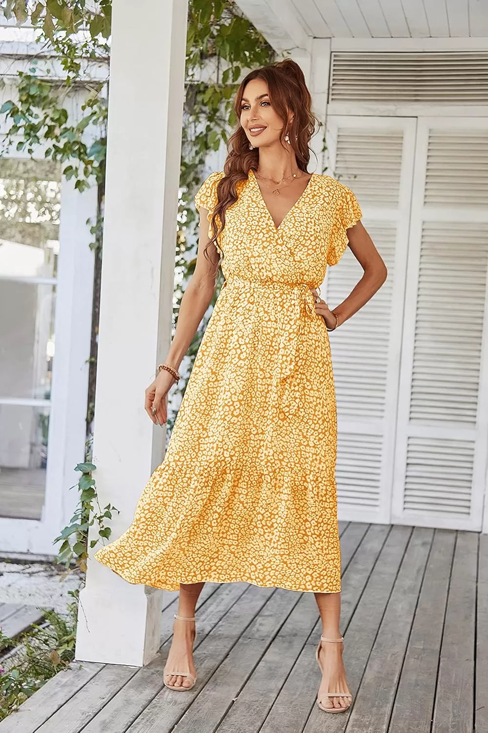 imagePRETTYGARDEN Womens 2024 Floral Boho Dress Wrap V Neck Short Sleeve Belted Ruffle Hem ALine Flowy Maxi DressesYellow