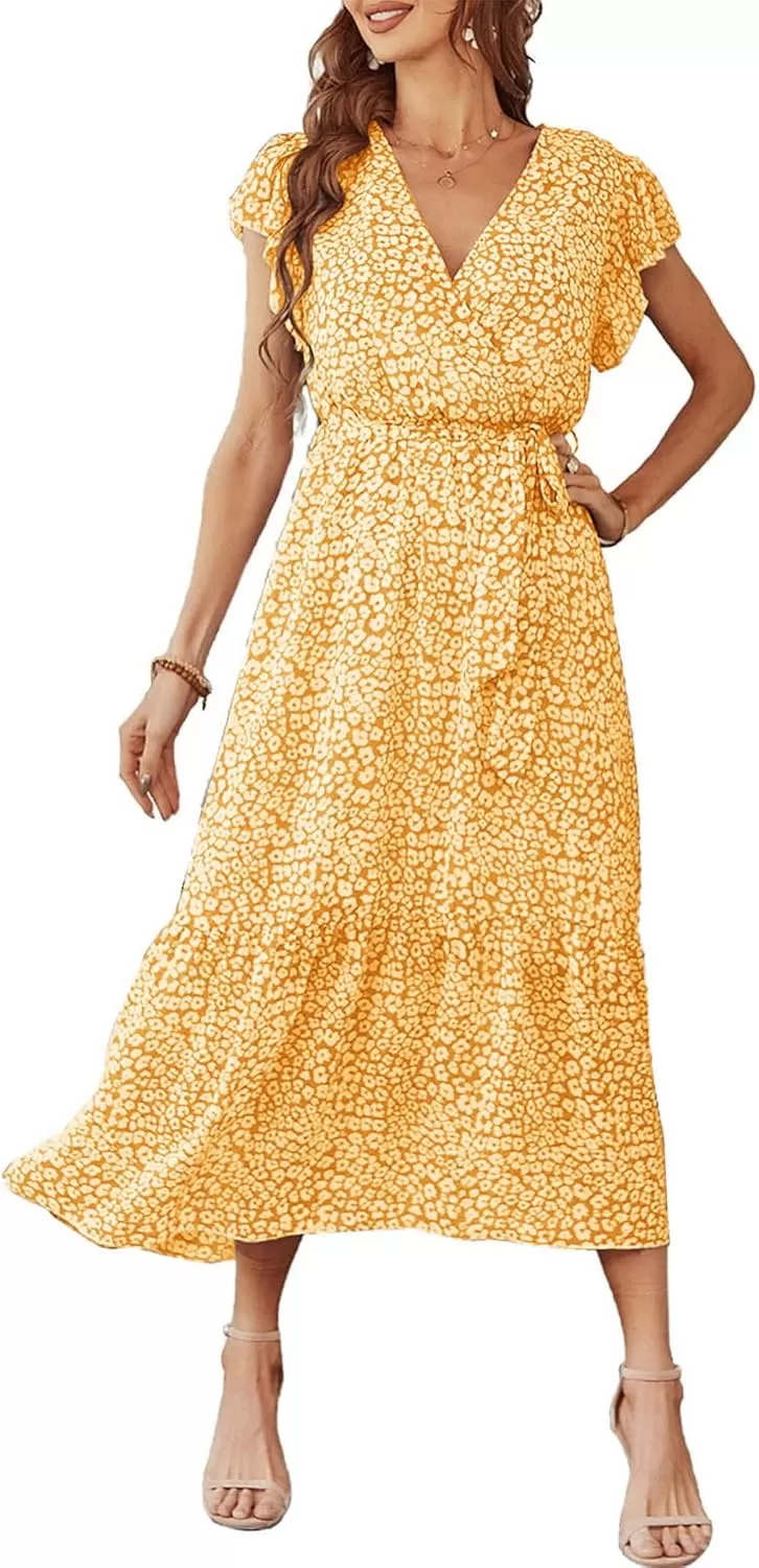imagePRETTYGARDEN Womens 2024 Floral Boho Dress Wrap V Neck Short Sleeve Belted Ruffle Hem ALine Flowy Maxi DressesYellow