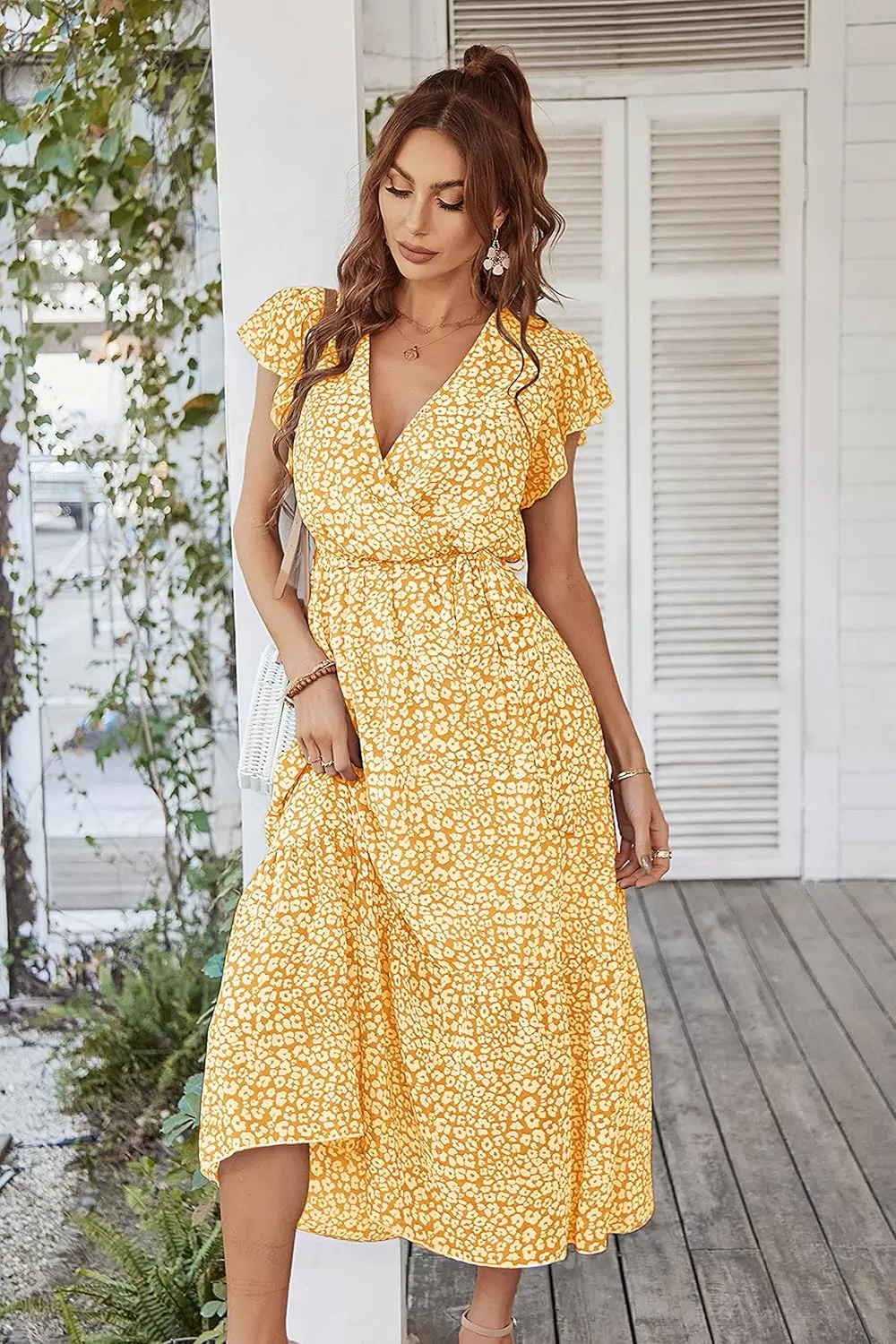 imagePRETTYGARDEN Womens 2024 Floral Boho Dress Wrap V Neck Short Sleeve Belted Ruffle Hem ALine Flowy Maxi DressesYellow
