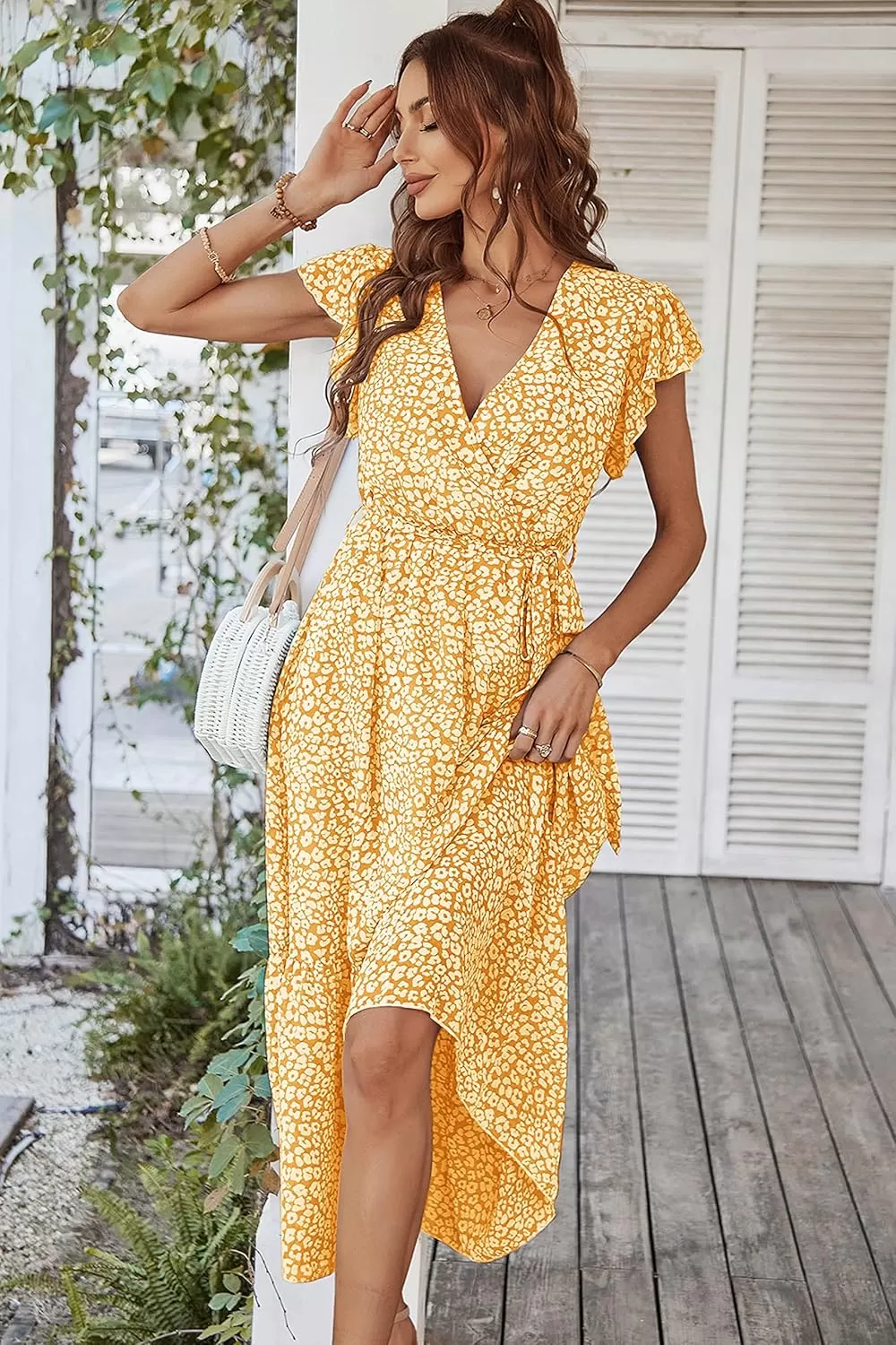 imagePRETTYGARDEN Womens 2024 Floral Boho Dress Wrap V Neck Short Sleeve Belted Ruffle Hem ALine Flowy Maxi DressesYellow