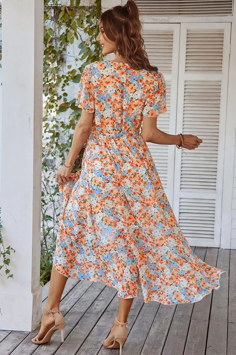 imagePRETTYGARDEN Womens 2024 Floral Boho Dress Wrap V Neck Short Sleeve Belted Ruffle Hem ALine Flowy Maxi DressesYellow Floral