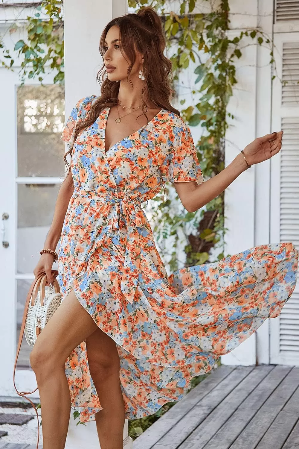imagePRETTYGARDEN Womens 2024 Floral Boho Dress Wrap V Neck Short Sleeve Belted Ruffle Hem ALine Flowy Maxi DressesYellow Floral