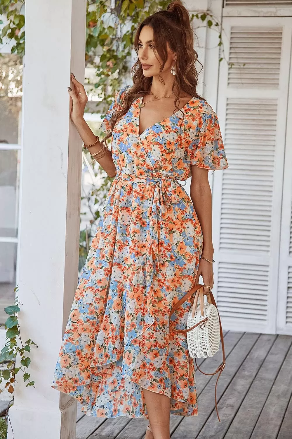 imagePRETTYGARDEN Womens 2024 Floral Boho Dress Wrap V Neck Short Sleeve Belted Ruffle Hem ALine Flowy Maxi DressesYellow Floral