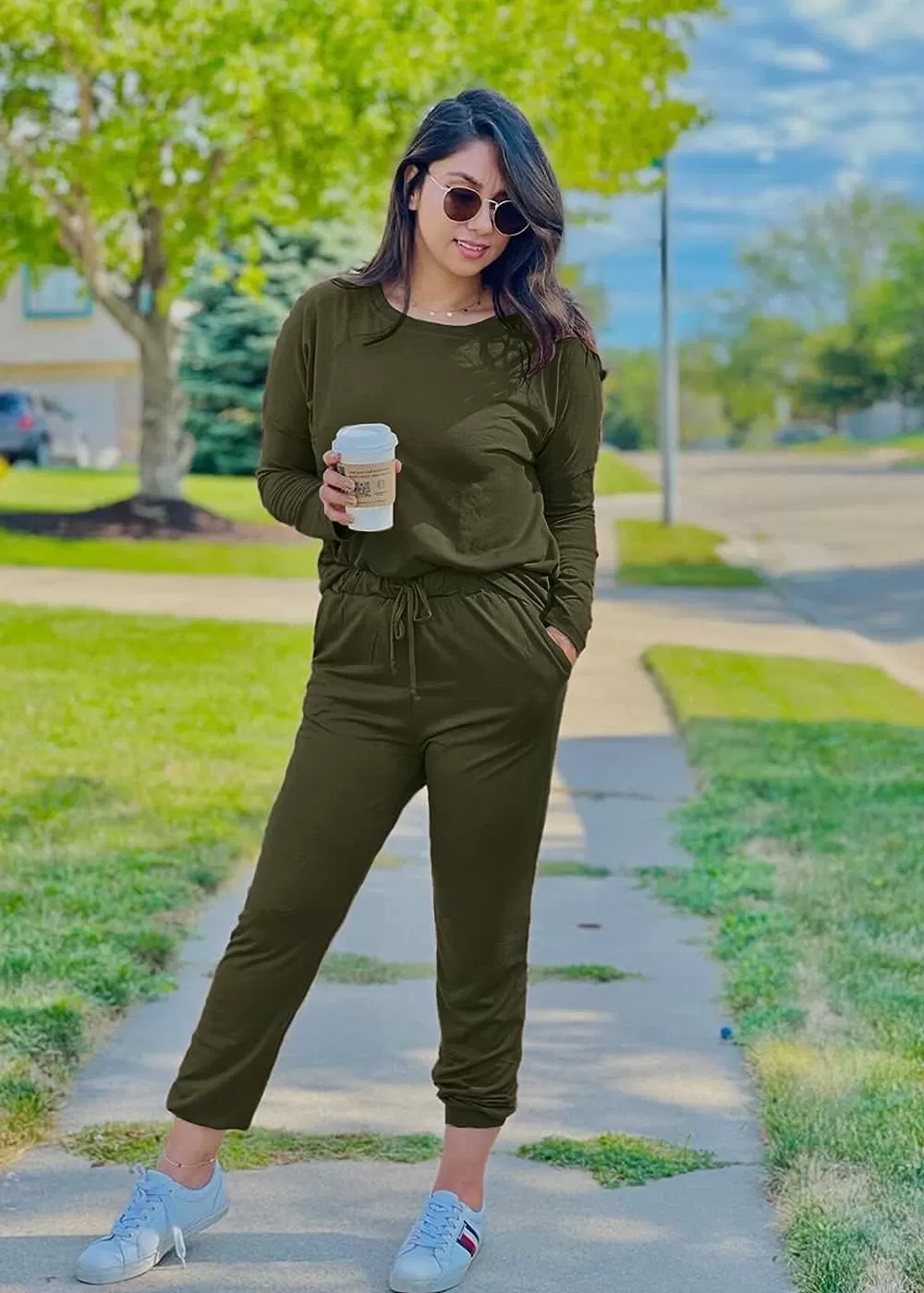 imagePRETTYGARDEN Womens Fall 2 Piece Lounge Outfit Long Sleeve Crewneck Pullover Tops High Waisted Pants Set TracksuitArmy Green