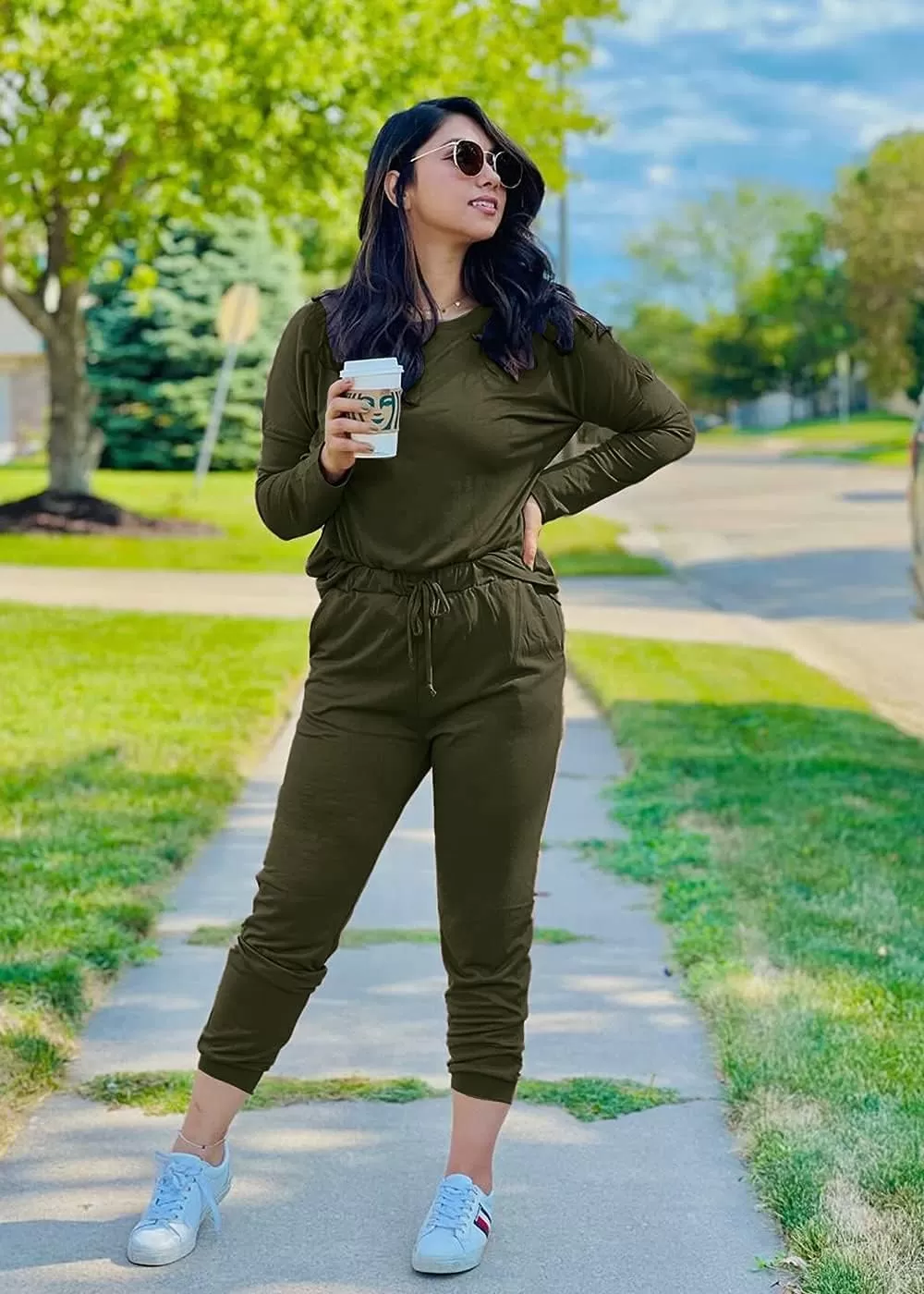 imagePRETTYGARDEN Womens Fall 2 Piece Lounge Outfit Long Sleeve Crewneck Pullover Tops High Waisted Pants Set TracksuitArmy Green