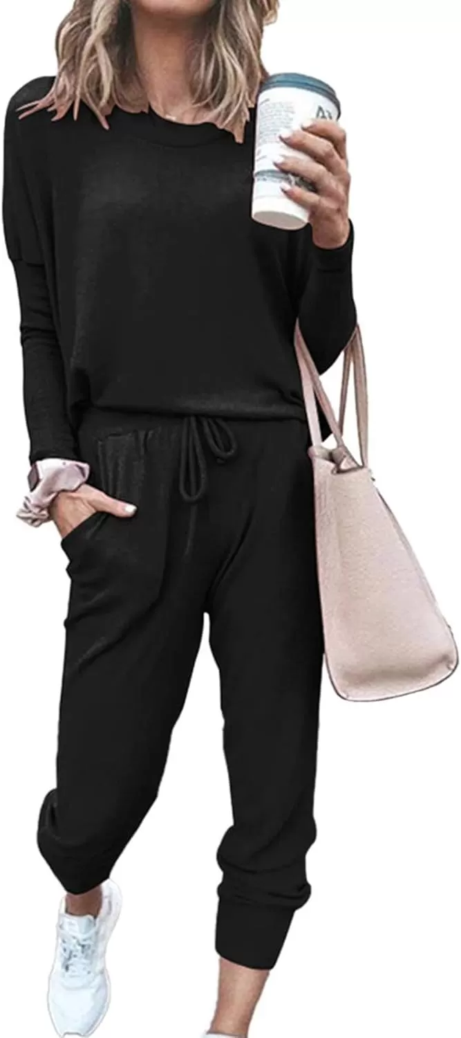 imagePRETTYGARDEN Womens Fall 2 Piece Lounge Outfit Long Sleeve Crewneck Pullover Tops High Waisted Pants Set TracksuitBlack