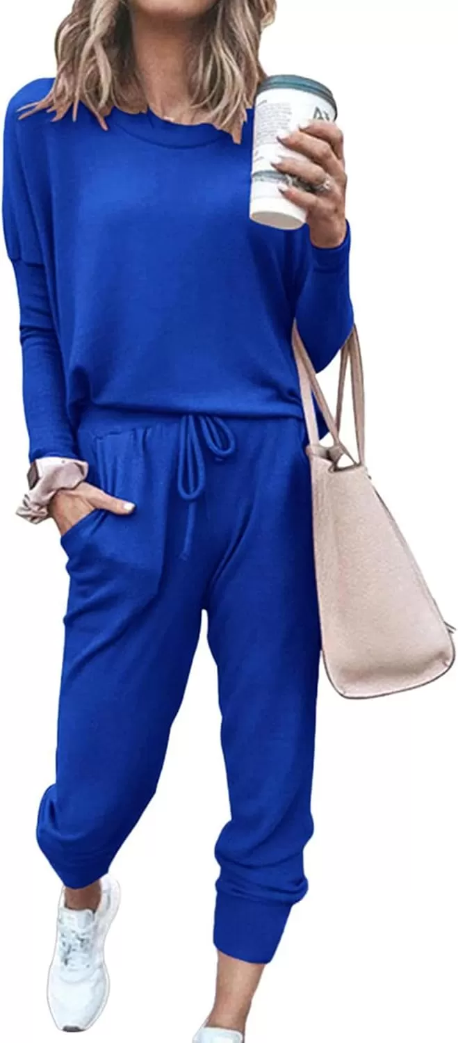 imagePRETTYGARDEN Womens Fall 2 Piece Lounge Outfit Long Sleeve Crewneck Pullover Tops High Waisted Pants Set TracksuitBlue