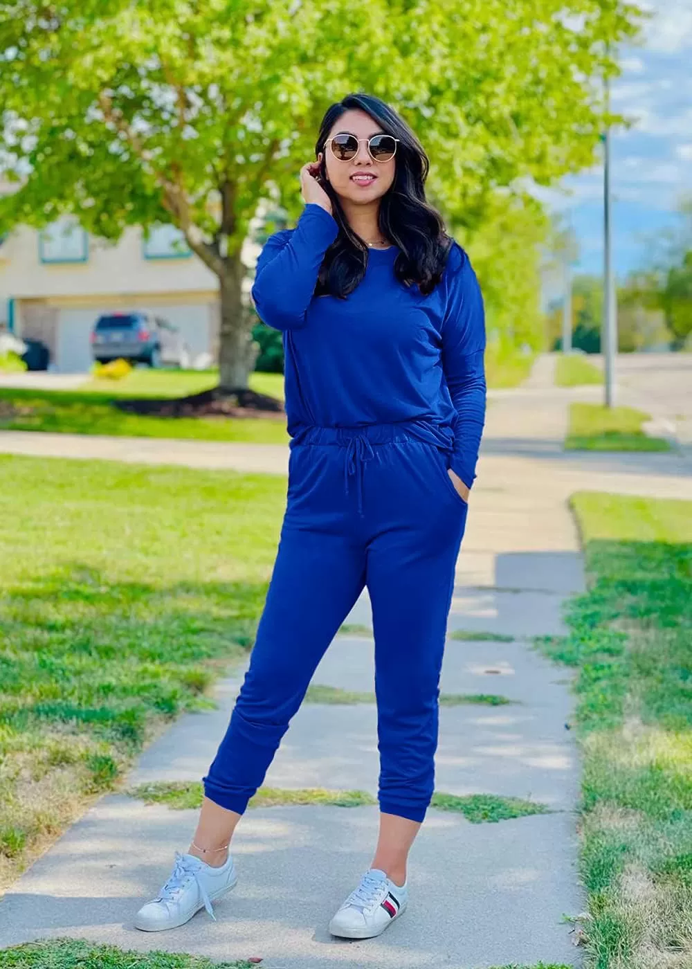 imagePRETTYGARDEN Womens Fall 2 Piece Lounge Outfit Long Sleeve Crewneck Pullover Tops High Waisted Pants Set TracksuitBlue