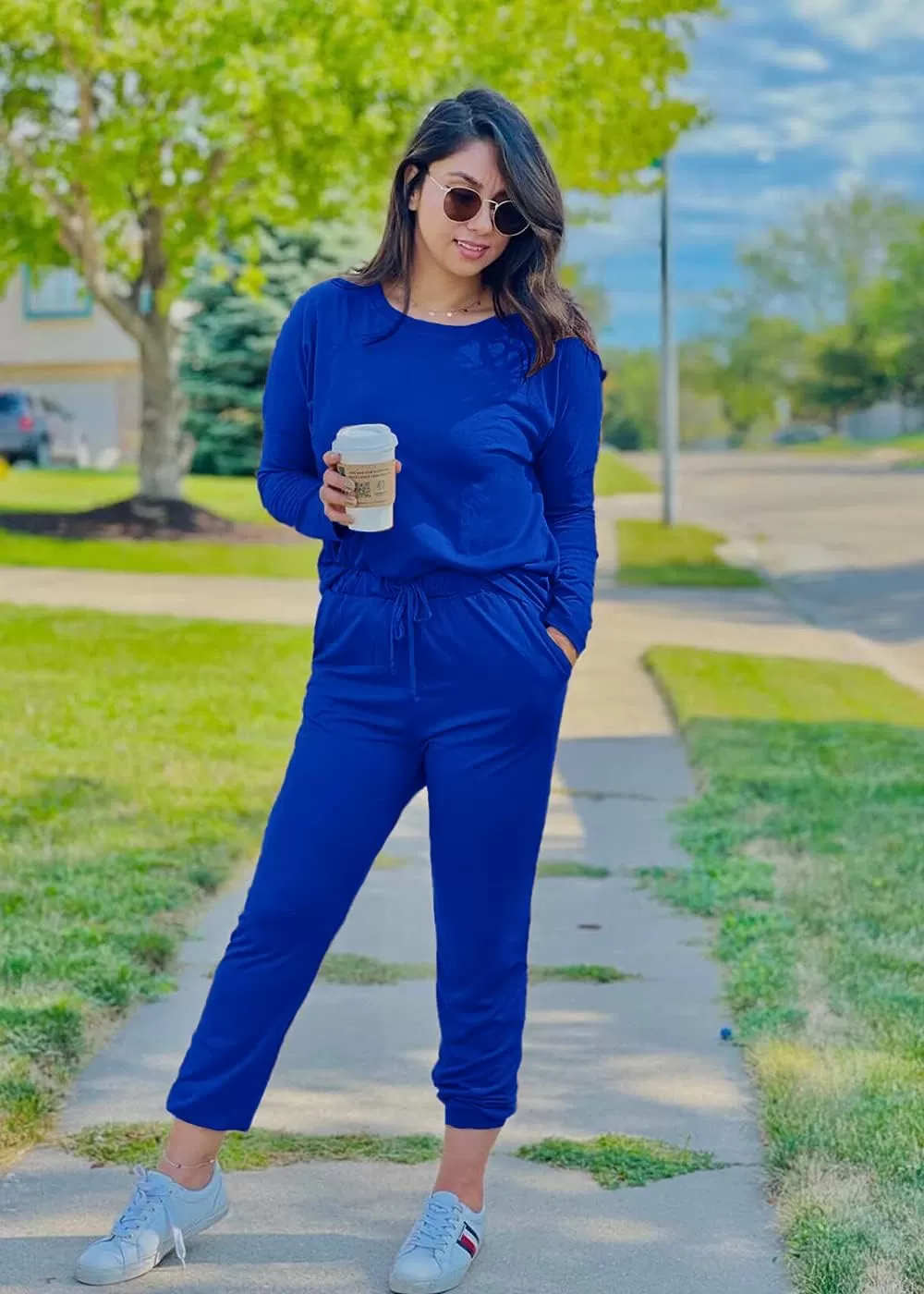 imagePRETTYGARDEN Womens Fall 2 Piece Lounge Outfit Long Sleeve Crewneck Pullover Tops High Waisted Pants Set TracksuitBlue