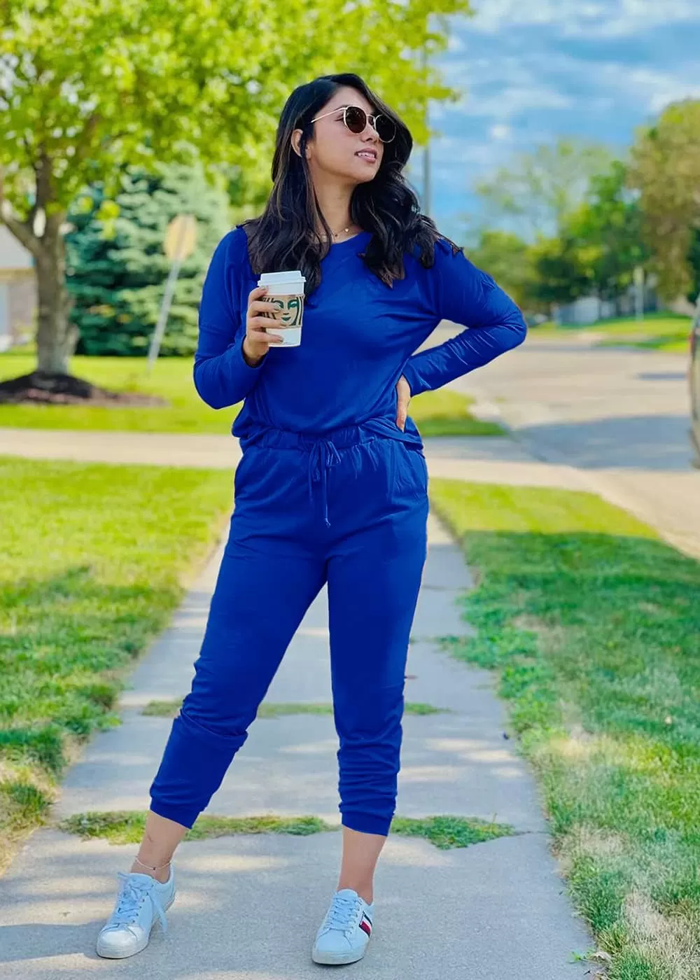 imagePRETTYGARDEN Womens Fall 2 Piece Lounge Outfit Long Sleeve Crewneck Pullover Tops High Waisted Pants Set TracksuitBlue