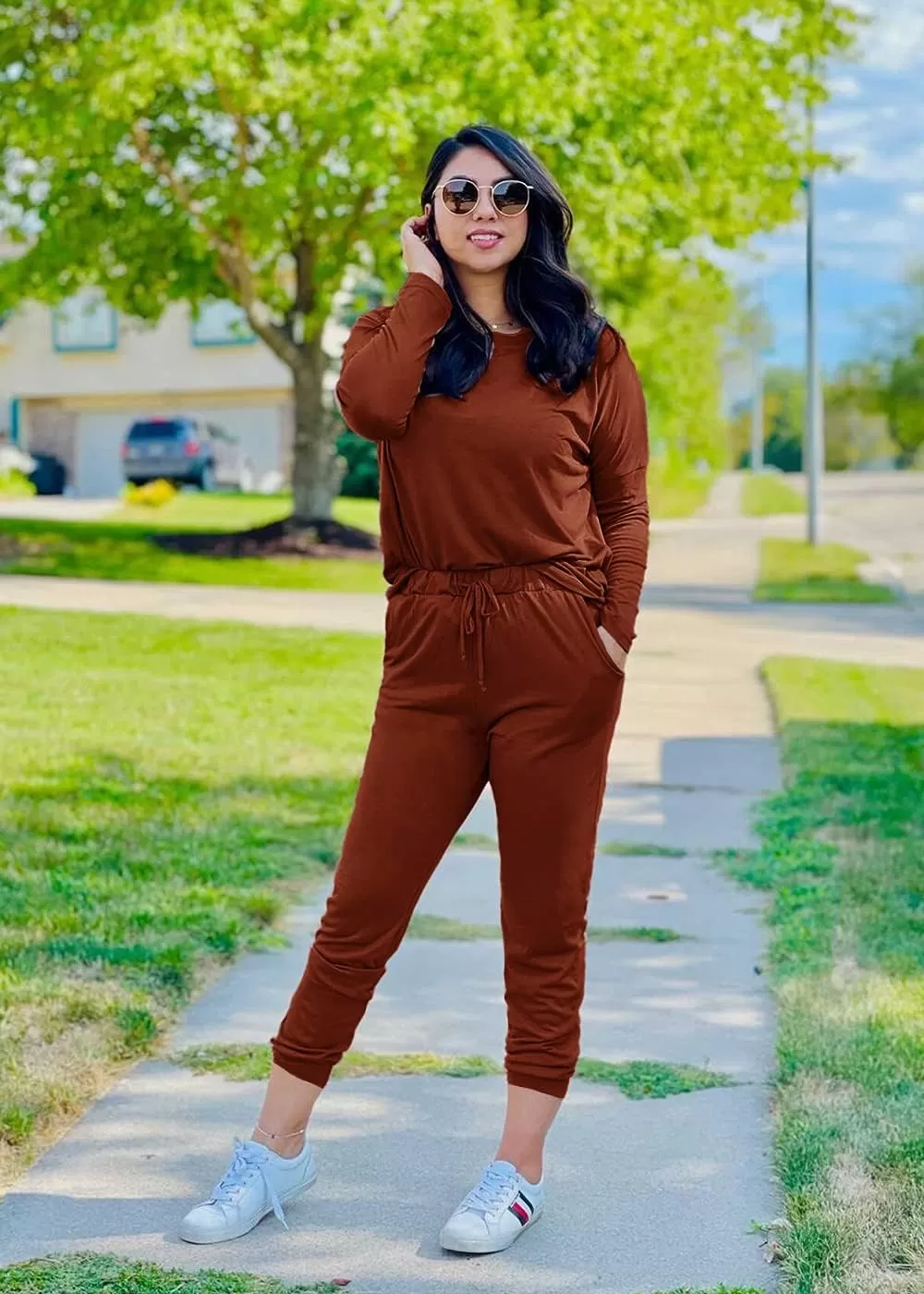 imagePRETTYGARDEN Womens Fall 2 Piece Lounge Outfit Long Sleeve Crewneck Pullover Tops High Waisted Pants Set TracksuitBrick Red