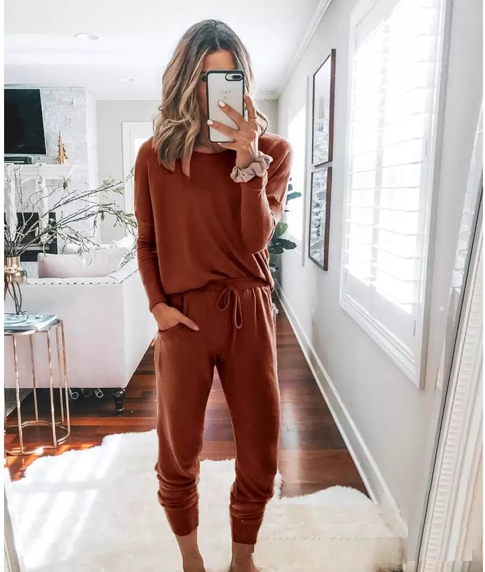 imagePRETTYGARDEN Womens Fall 2 Piece Lounge Outfit Long Sleeve Crewneck Pullover Tops High Waisted Pants Set TracksuitBrick Red