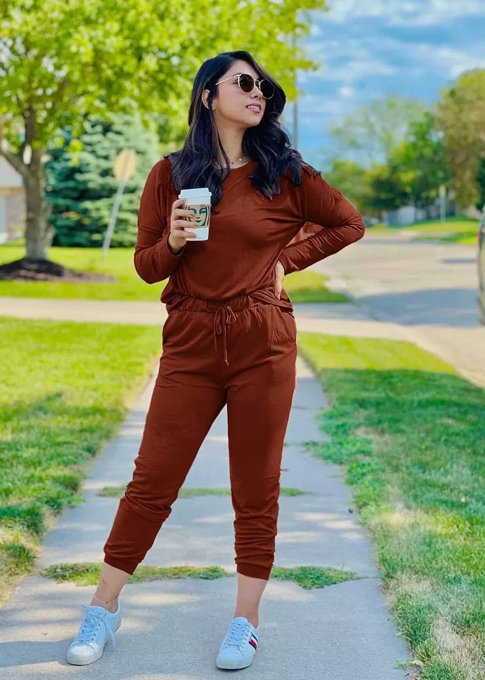 imagePRETTYGARDEN Womens Fall 2 Piece Lounge Outfit Long Sleeve Crewneck Pullover Tops High Waisted Pants Set TracksuitBrick Red