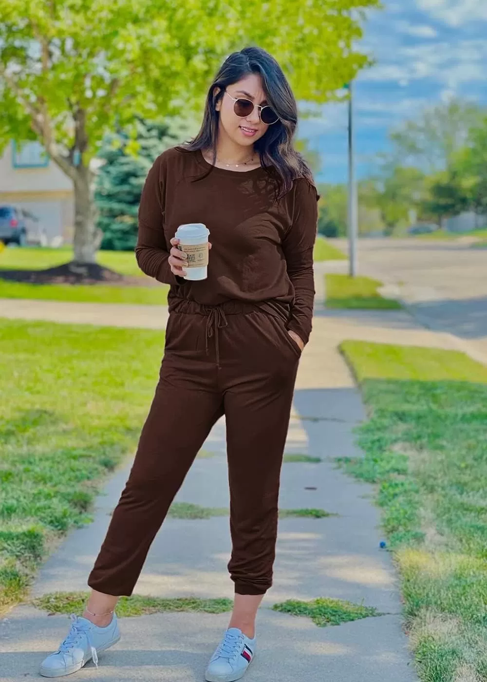 imagePRETTYGARDEN Womens Fall 2 Piece Lounge Outfit Long Sleeve Crewneck Pullover Tops High Waisted Pants Set TracksuitBrown