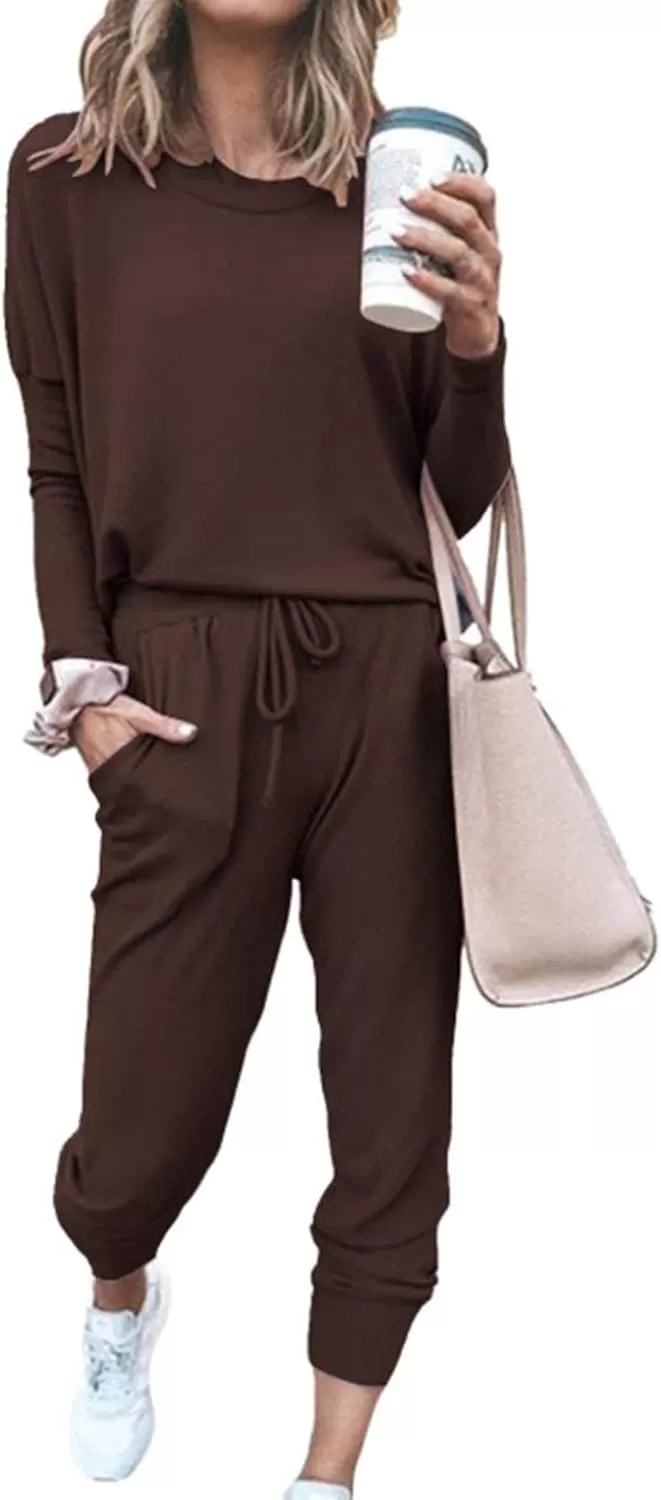 imagePRETTYGARDEN Womens Fall 2 Piece Lounge Outfit Long Sleeve Crewneck Pullover Tops High Waisted Pants Set TracksuitBrown
