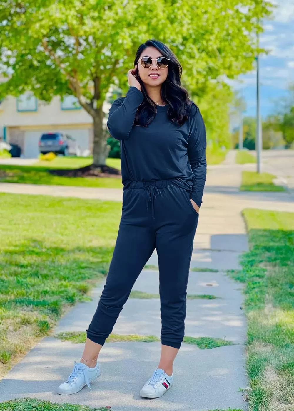 imagePRETTYGARDEN Womens Fall 2 Piece Lounge Outfit Long Sleeve Crewneck Pullover Tops High Waisted Pants Set TracksuitDark Blue
