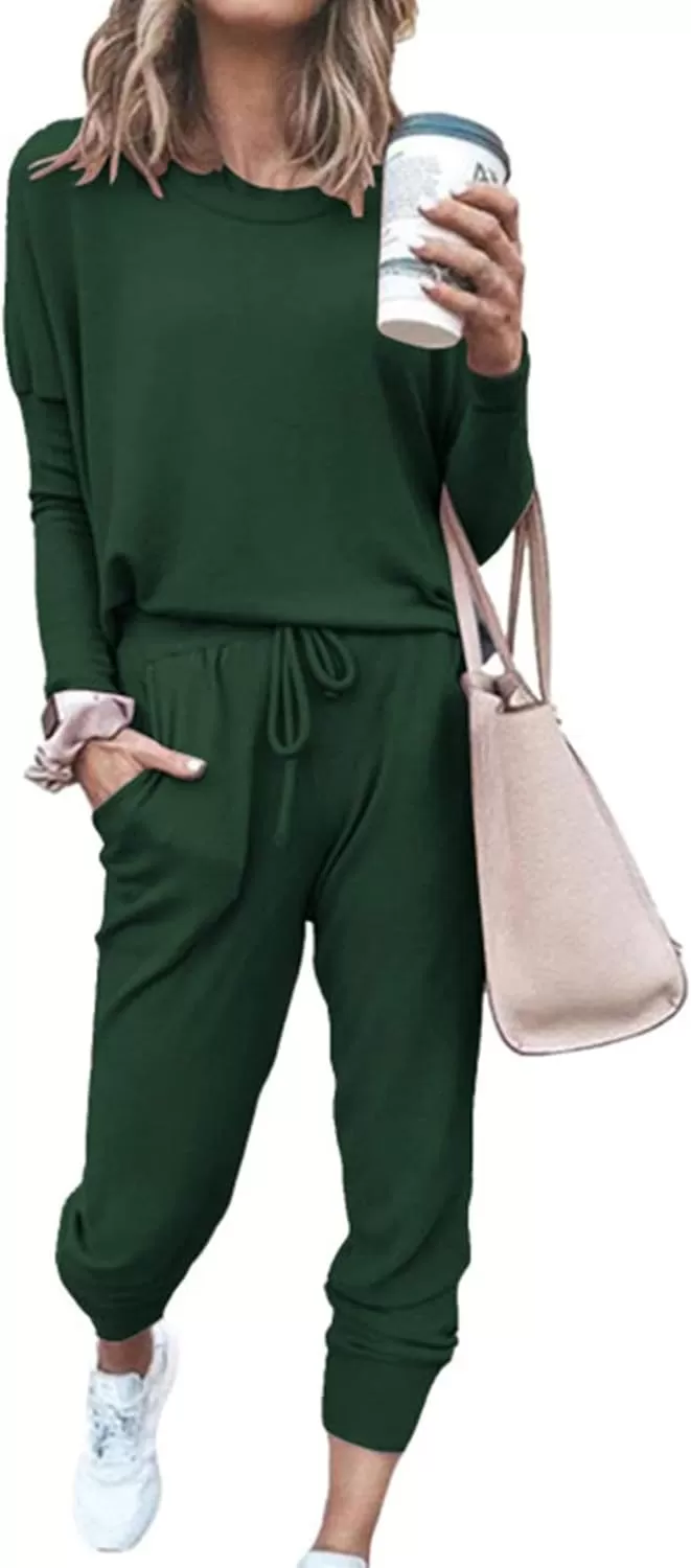 imagePRETTYGARDEN Womens Fall 2 Piece Lounge Outfit Long Sleeve Crewneck Pullover Tops High Waisted Pants Set TracksuitDark Green