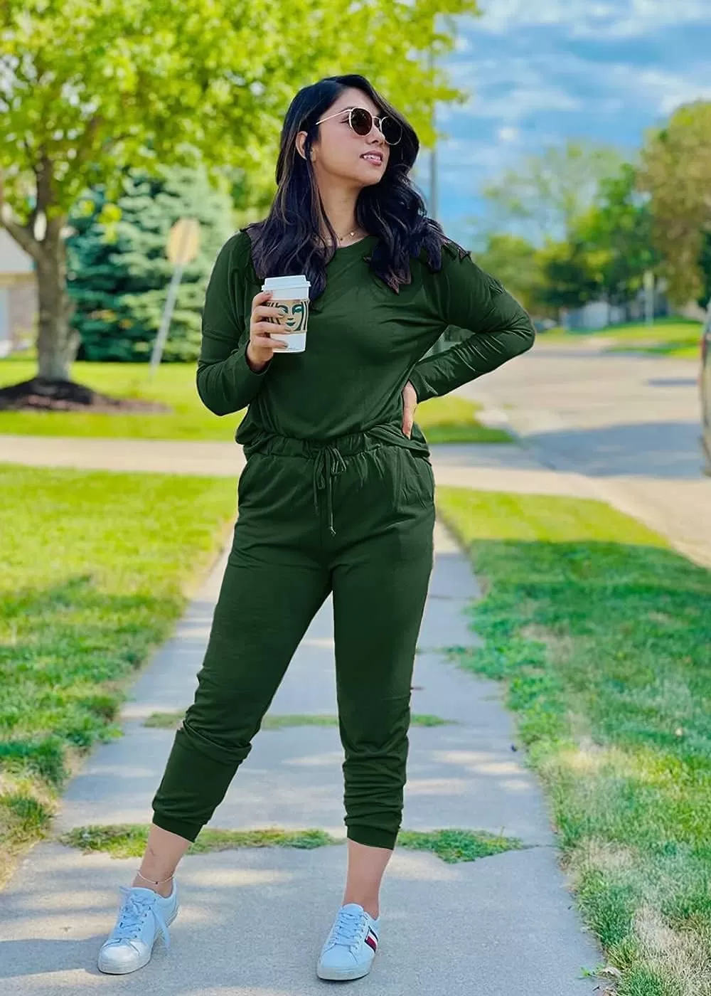 imagePRETTYGARDEN Womens Fall 2 Piece Lounge Outfit Long Sleeve Crewneck Pullover Tops High Waisted Pants Set TracksuitDark Green