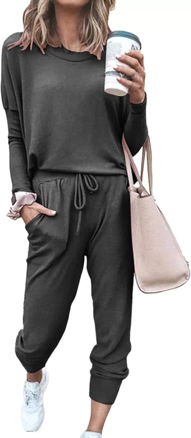 imagePRETTYGARDEN Womens Fall 2 Piece Lounge Outfit Long Sleeve Crewneck Pullover Tops High Waisted Pants Set TracksuitDark Grey